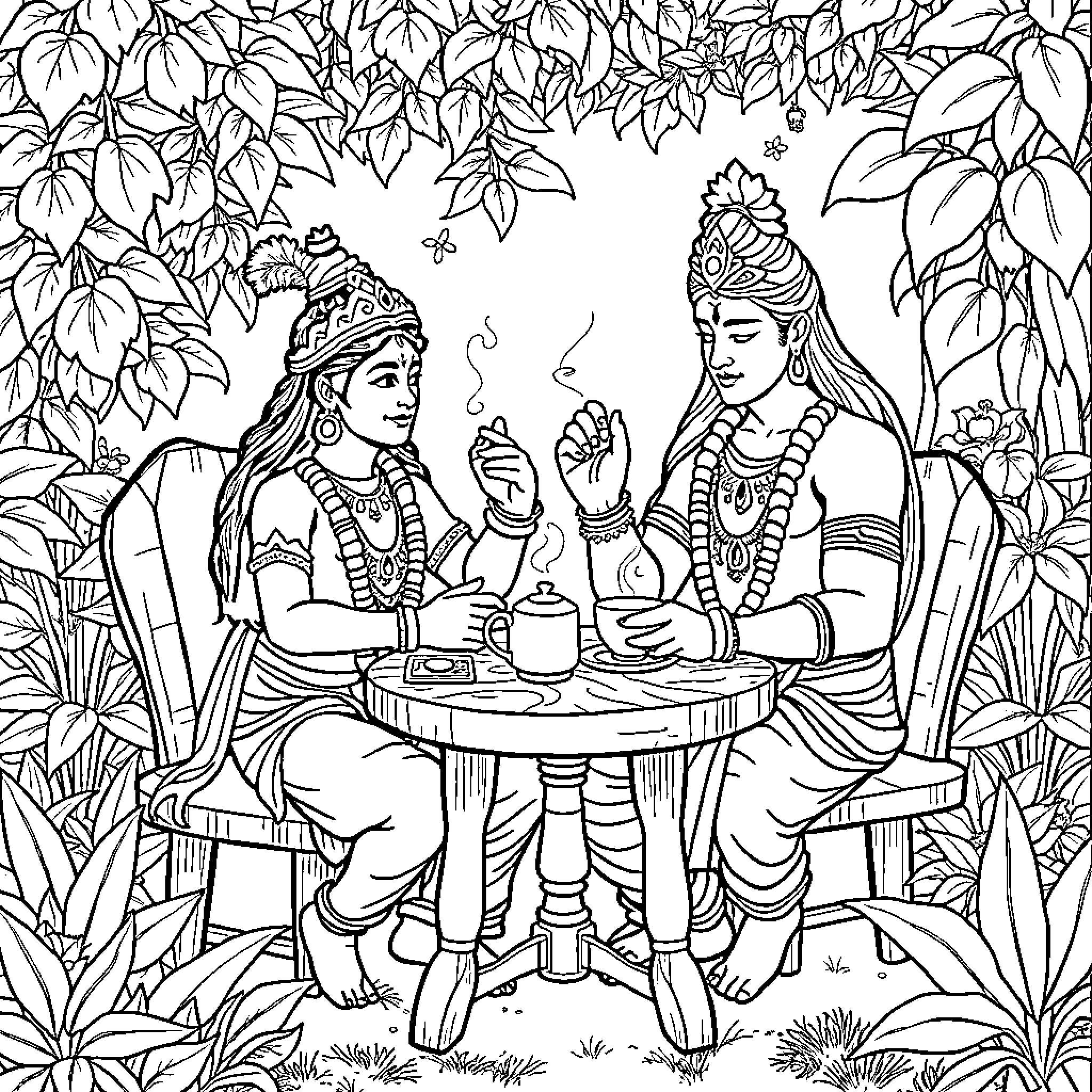 Krishna and Radha sharing tea in a verdant garden Coloring Page (free black-and-white line drawing printable PDF for all, from beginners to advanced learners, including children, teens, adults, and seniors)