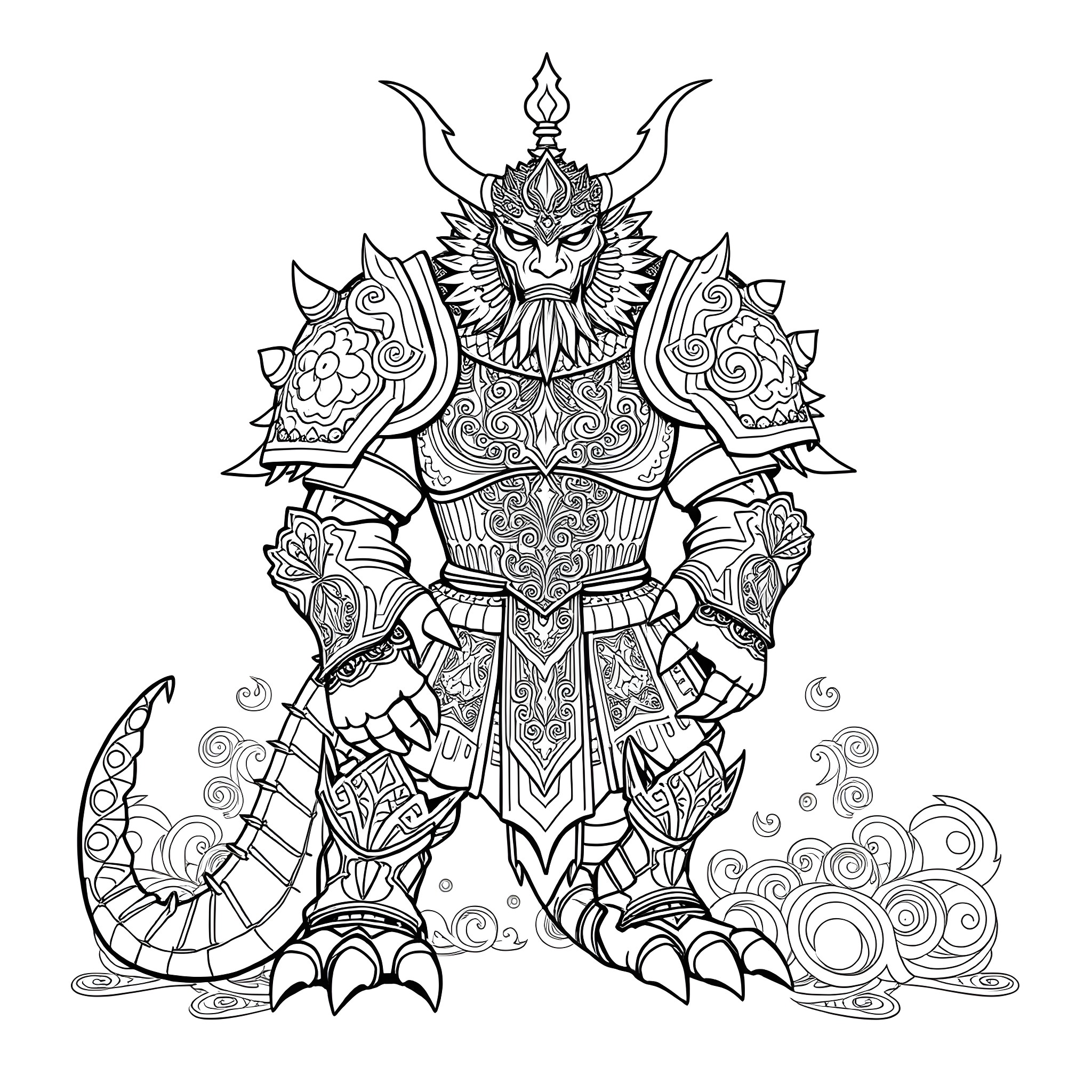 Animal warrior with intricate armor and ornamental design Coloring Page (free black-and-white line drawing printable PDF for all, from beginners to advanced learners, including children, teens, adults, and seniors)