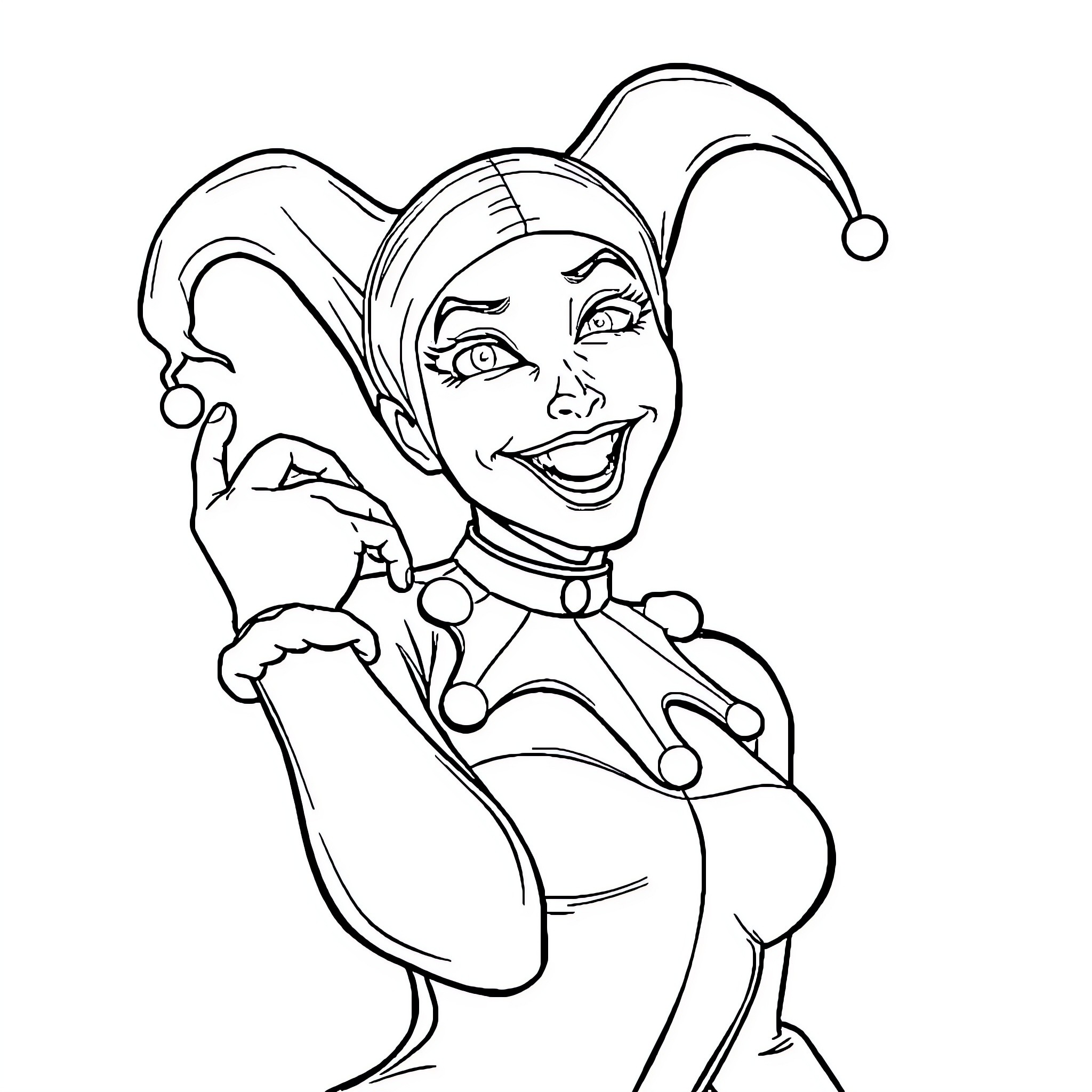 Harley Quinn in a playful mood Coloring Page (free black-and-white line drawing printable PDF for all, from beginners to advanced learners, including children, teens, adults, and seniors)