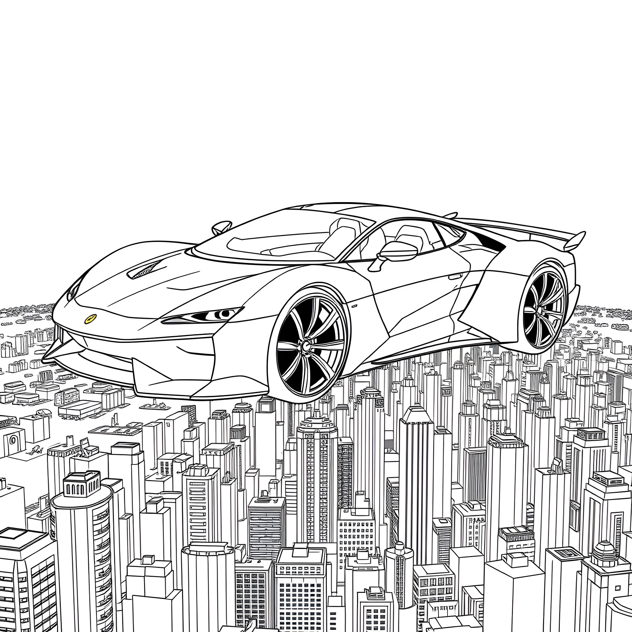 Car Plane soaring above futuristic cityscape Coloring Page (free black-and-white line drawing printable PDF for all, from beginners to advanced learners, including children, teens, adults, and seniors)