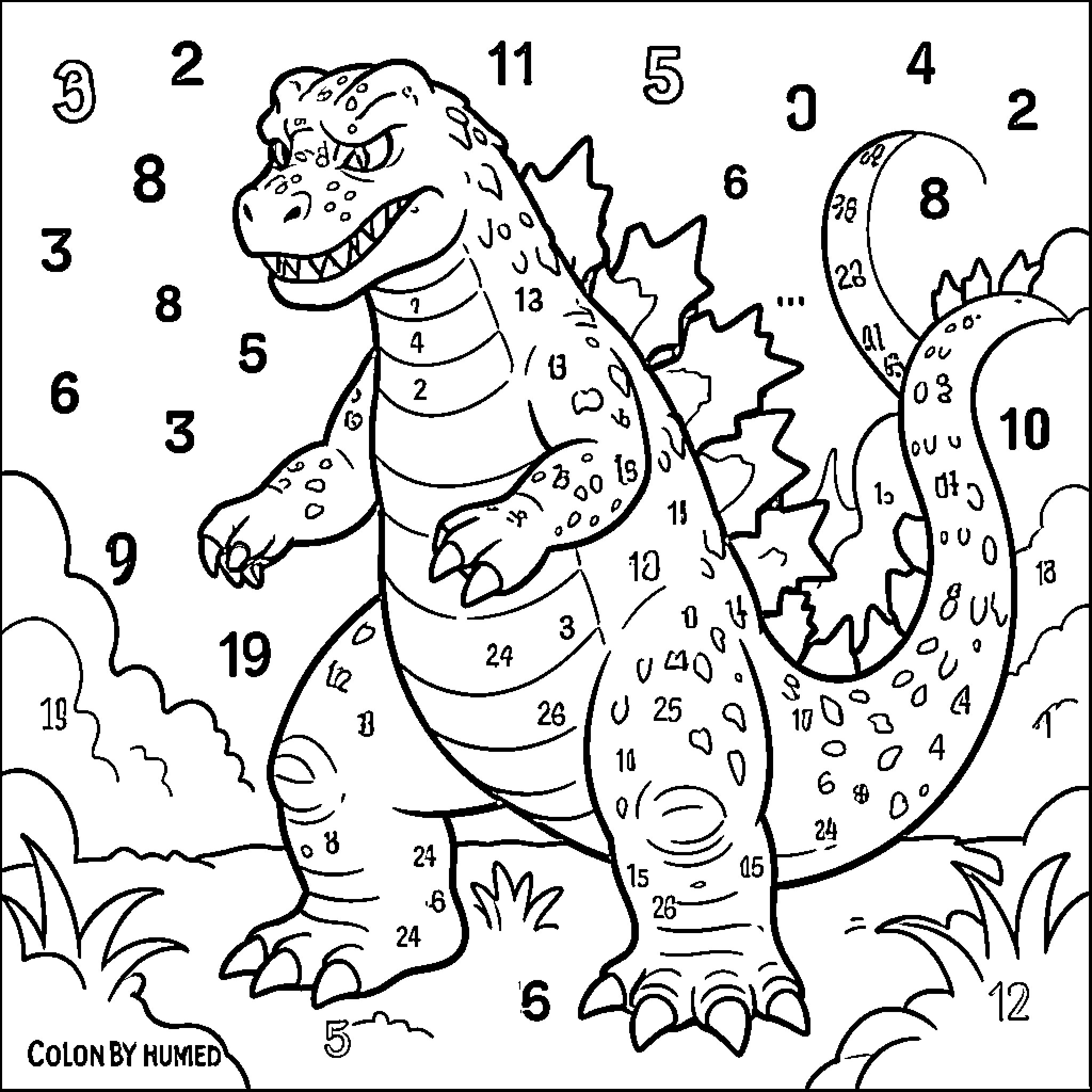 Godzilla stomping through a city Coloring Page (free black-and-white line drawing printable PDF for all, from beginners to advanced learners, including children, teens, adults, and seniors)