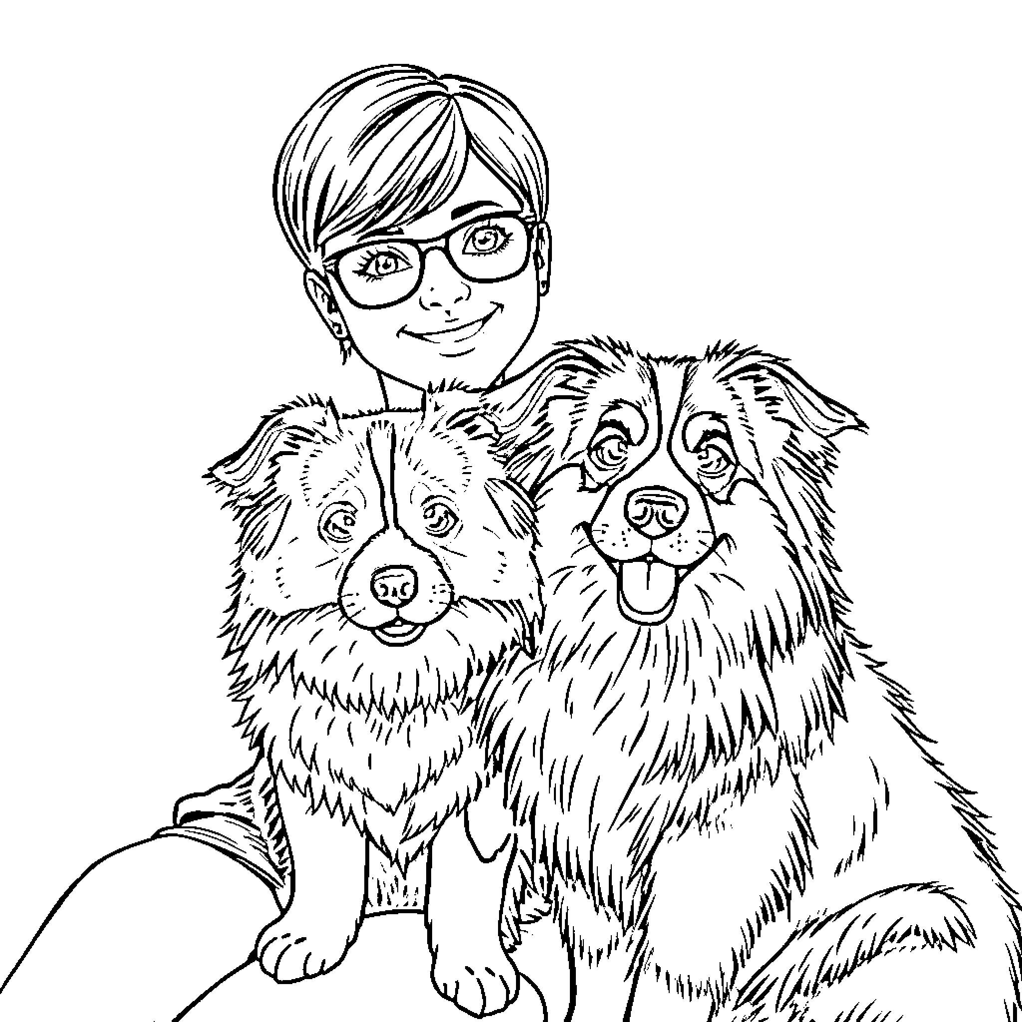 Woman posing with two friendly dogs Coloring Page (free black-and-white line drawing printable PDF for all, from beginners to advanced learners, including children, teens, adults, and seniors)