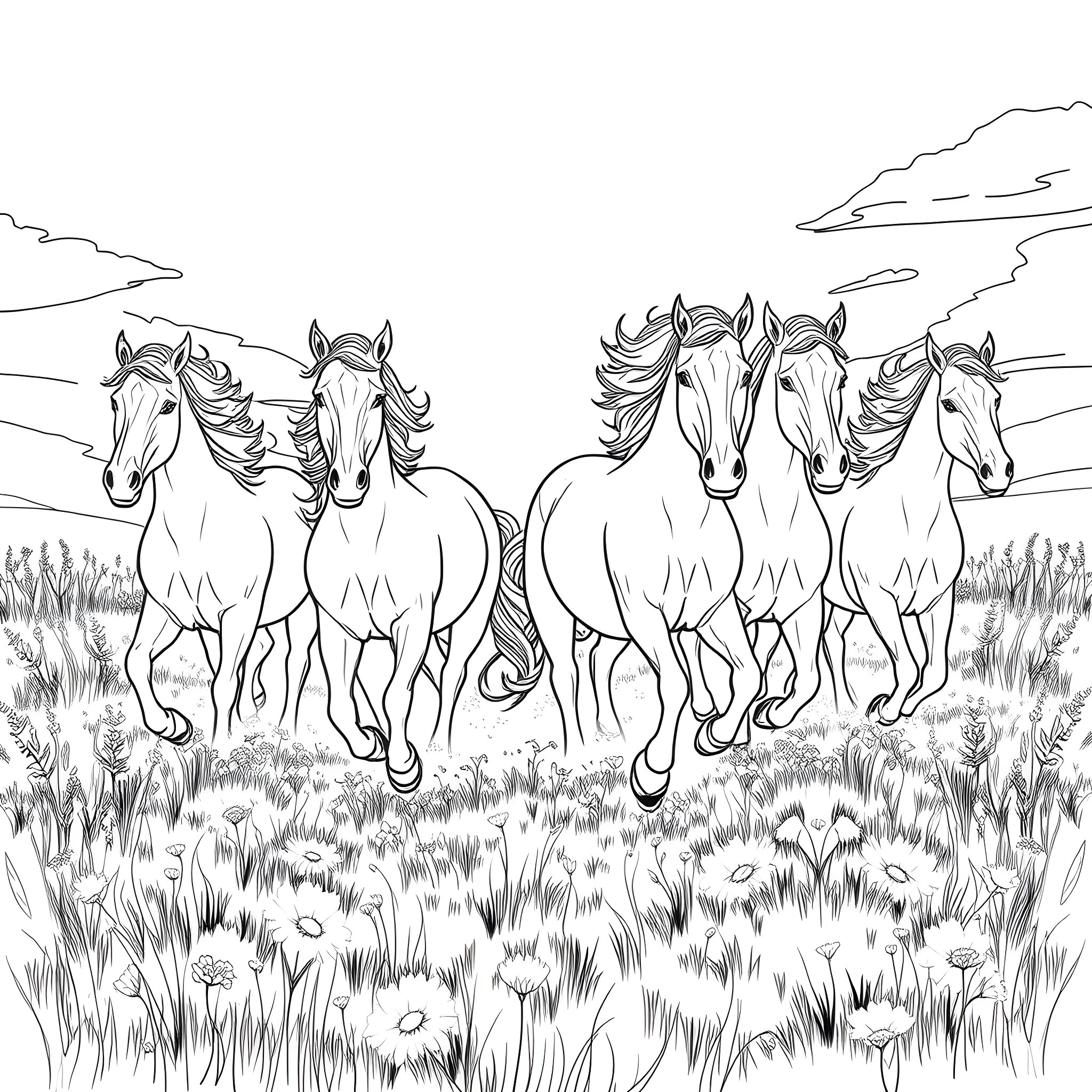 Herd of Horses Running Freely in the Meadow Coloring Page (free black-and-white line drawing printable PDF for all, from beginners to advanced learners, including children, teens, adults, and seniors)