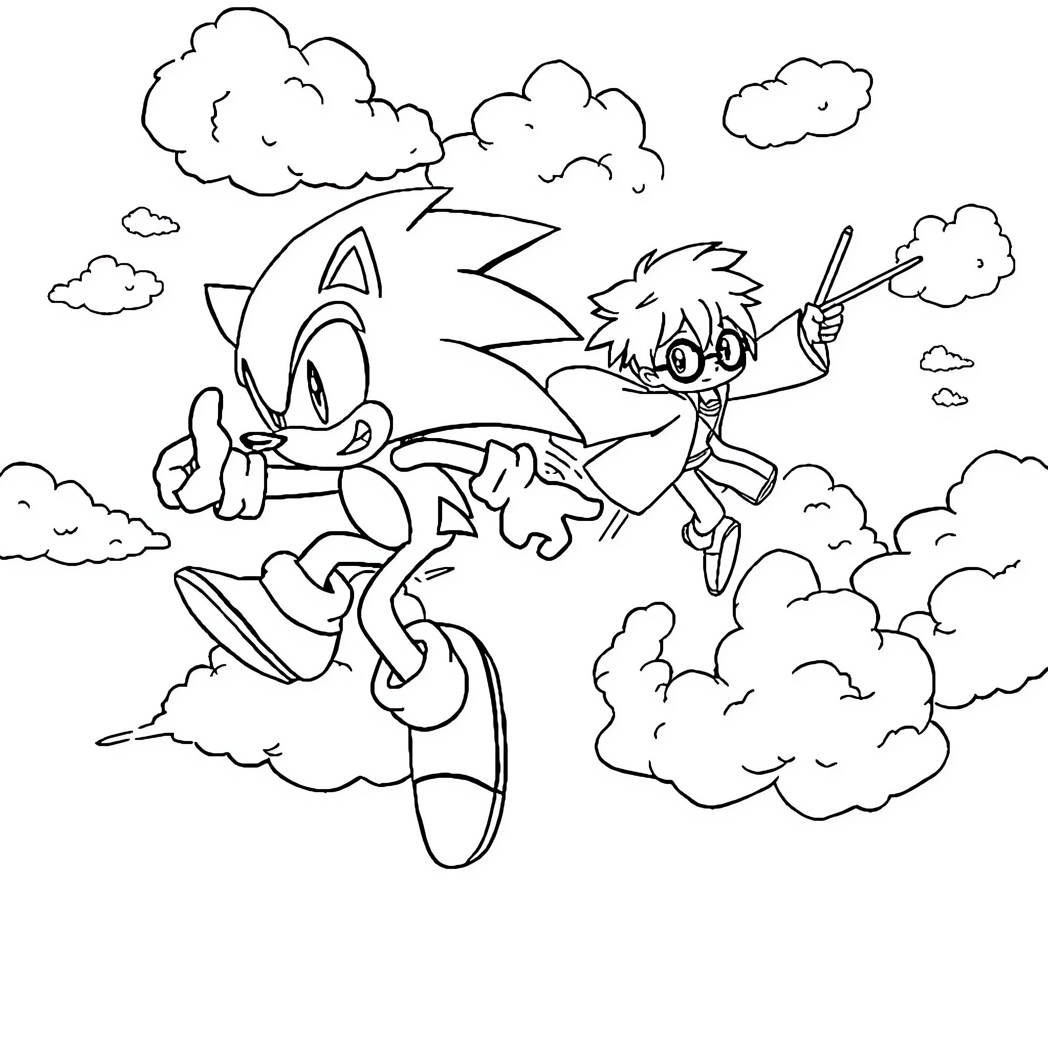 Sonic and Friend Soaring Through Clouds Coloring Page (free black-and-white line drawing printable PDF for all, from beginners to advanced learners, including children, teens, adults, and seniors)