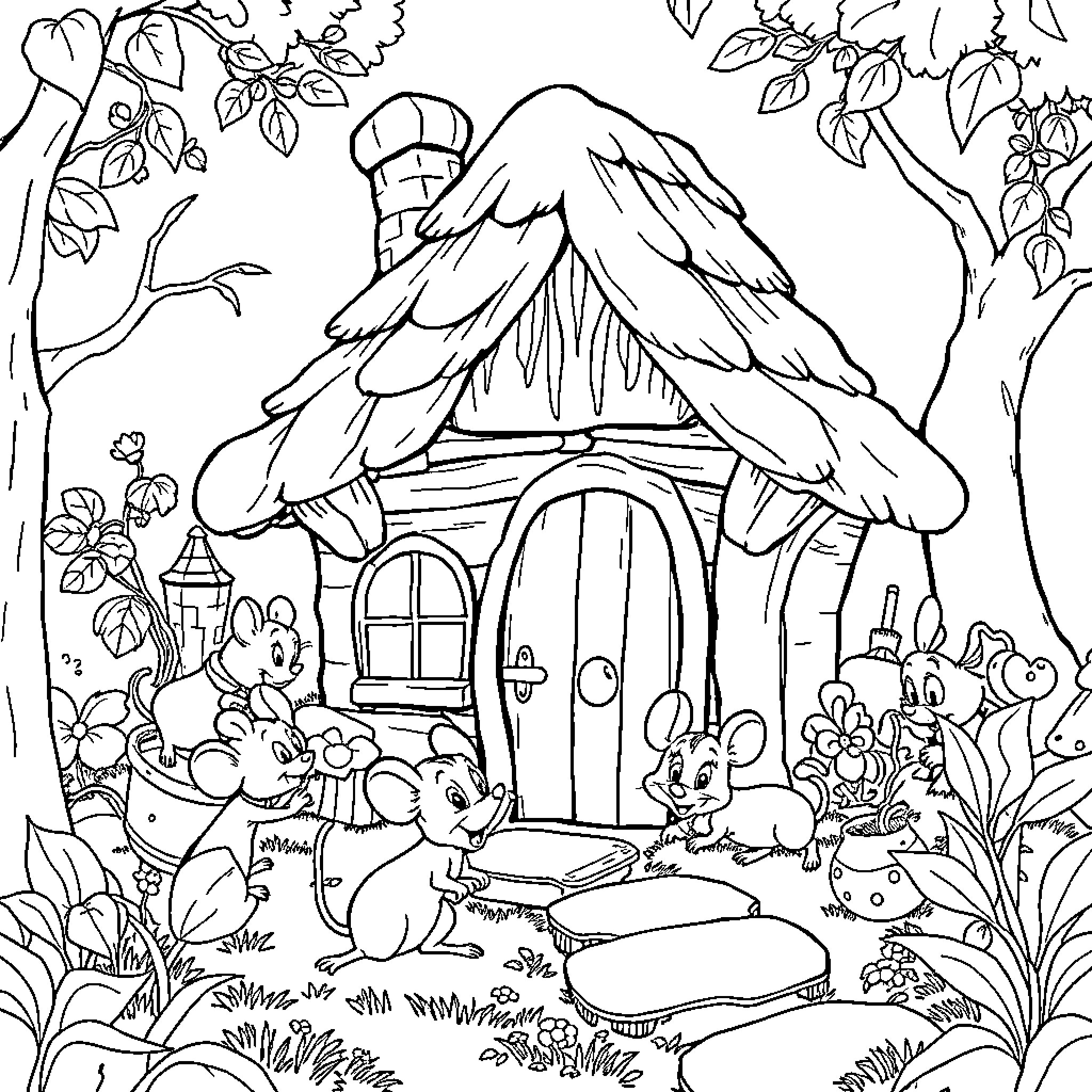 Mice exploring a whimsical mushroom house in the forest Coloring Page (free black-and-white line drawing printable PDF for all, from beginners to advanced learners, including children, teens, adults, and seniors)