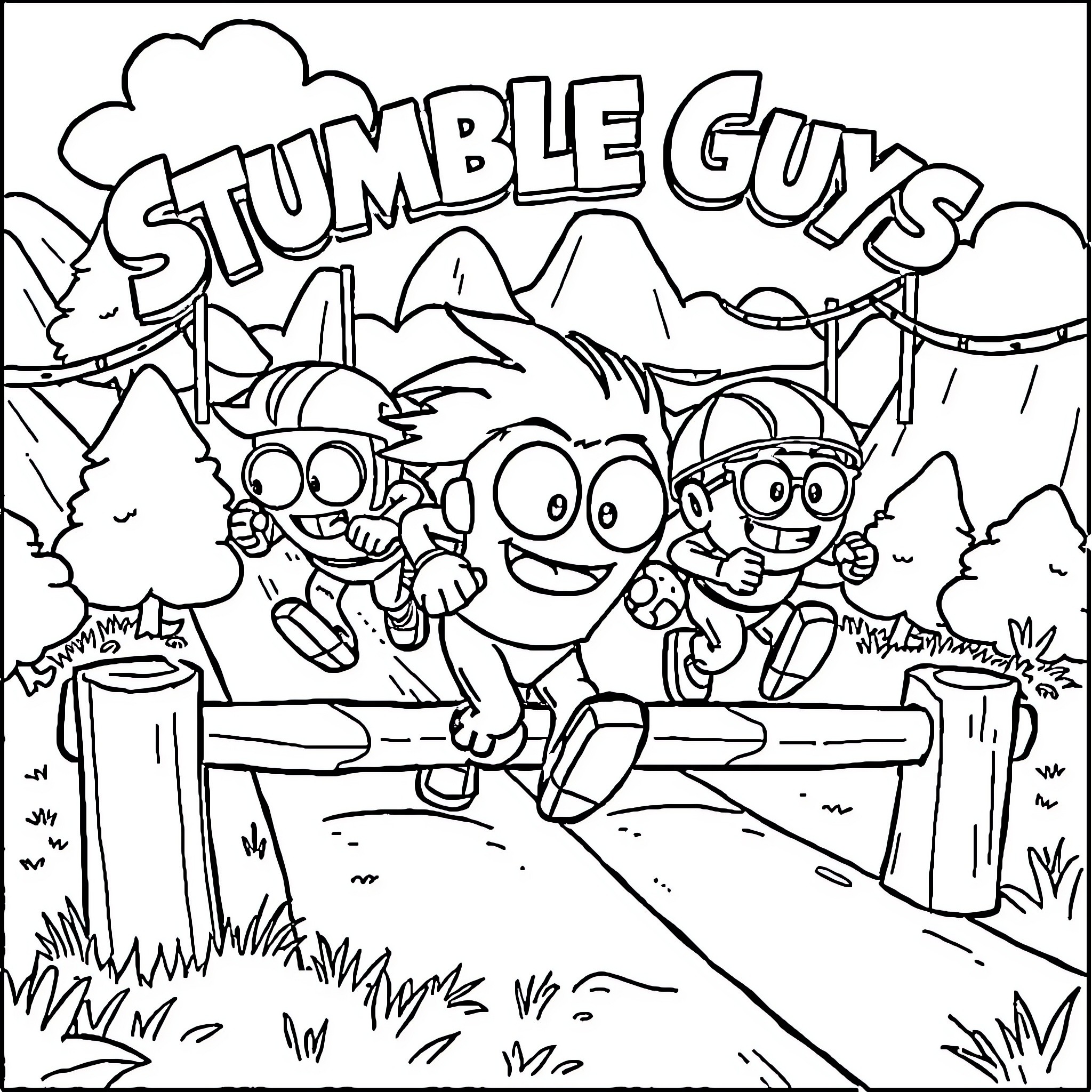 Stumble Guys Hiking Adventure in the Wilderness Coloring Page (free black-and-white line drawing printable PDF for all, from beginners to advanced learners, including children, teens, adults, and seniors)
