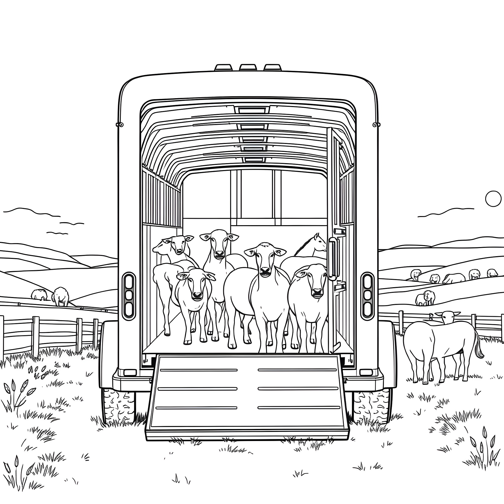 Gooseneck Trailer transporting livestock in pastoral setting Coloring Page (free black-and-white line drawing printable PDF for all, from beginners to advanced learners, including children, teens, adults, and seniors)
