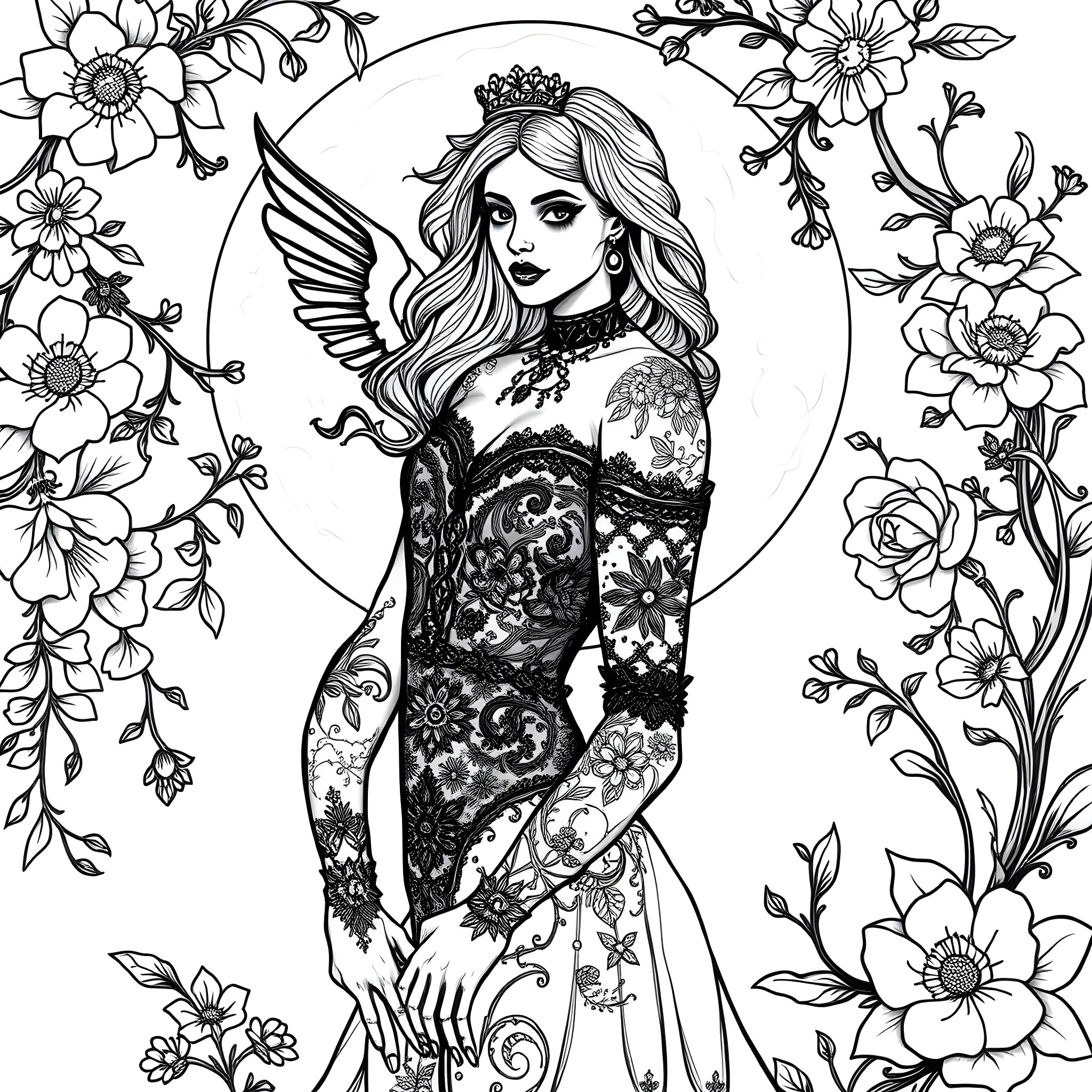 Goth Babe with Floral Wings and Tattoos Coloring Page (free black-and-white line drawing printable PDF for all, from beginners to advanced learners, including children, teens, adults, and seniors)