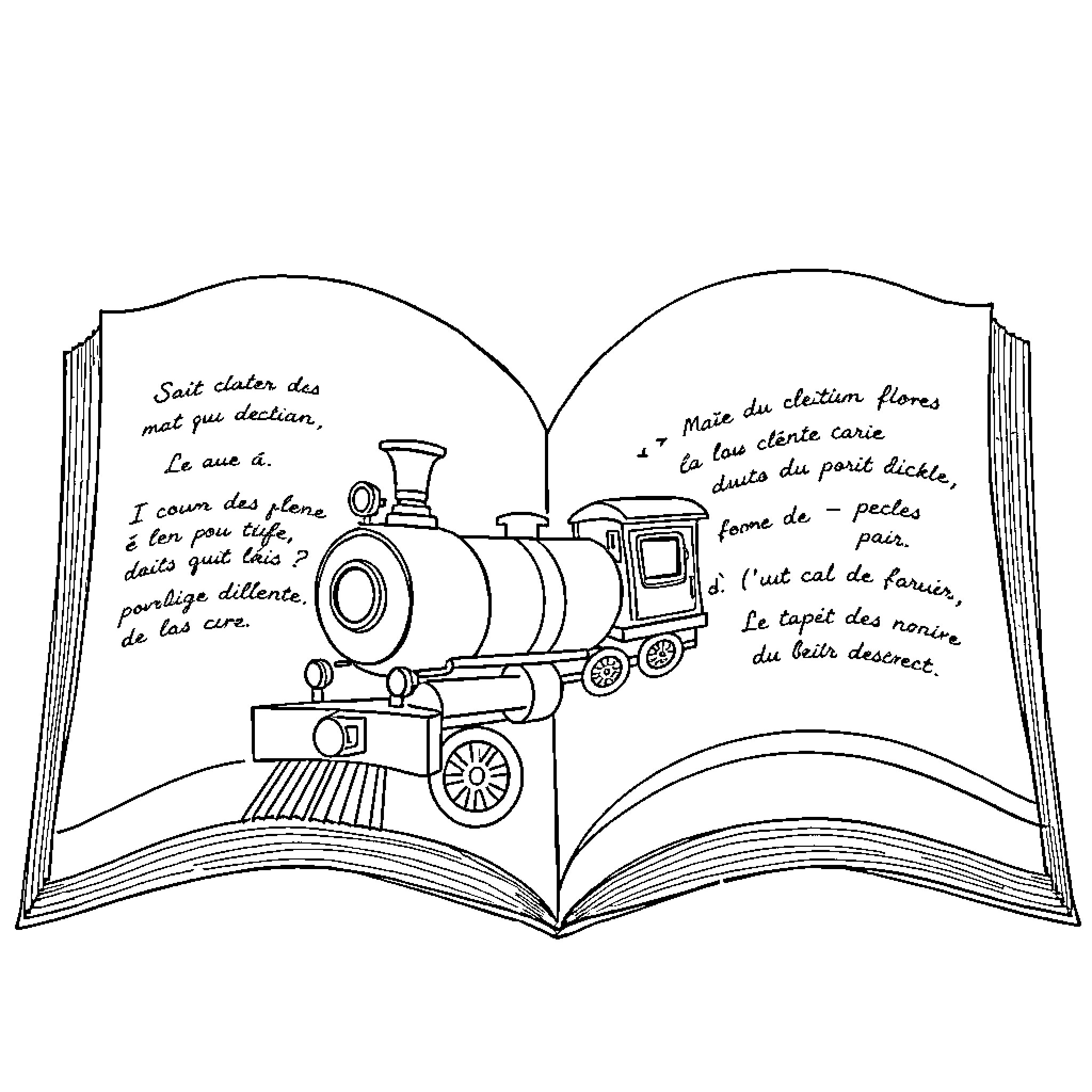Train illustrations in an open storybook Coloring Page (free black-and-white line drawing printable PDF for all, from beginners to advanced learners, including children, teens, adults, and seniors)
