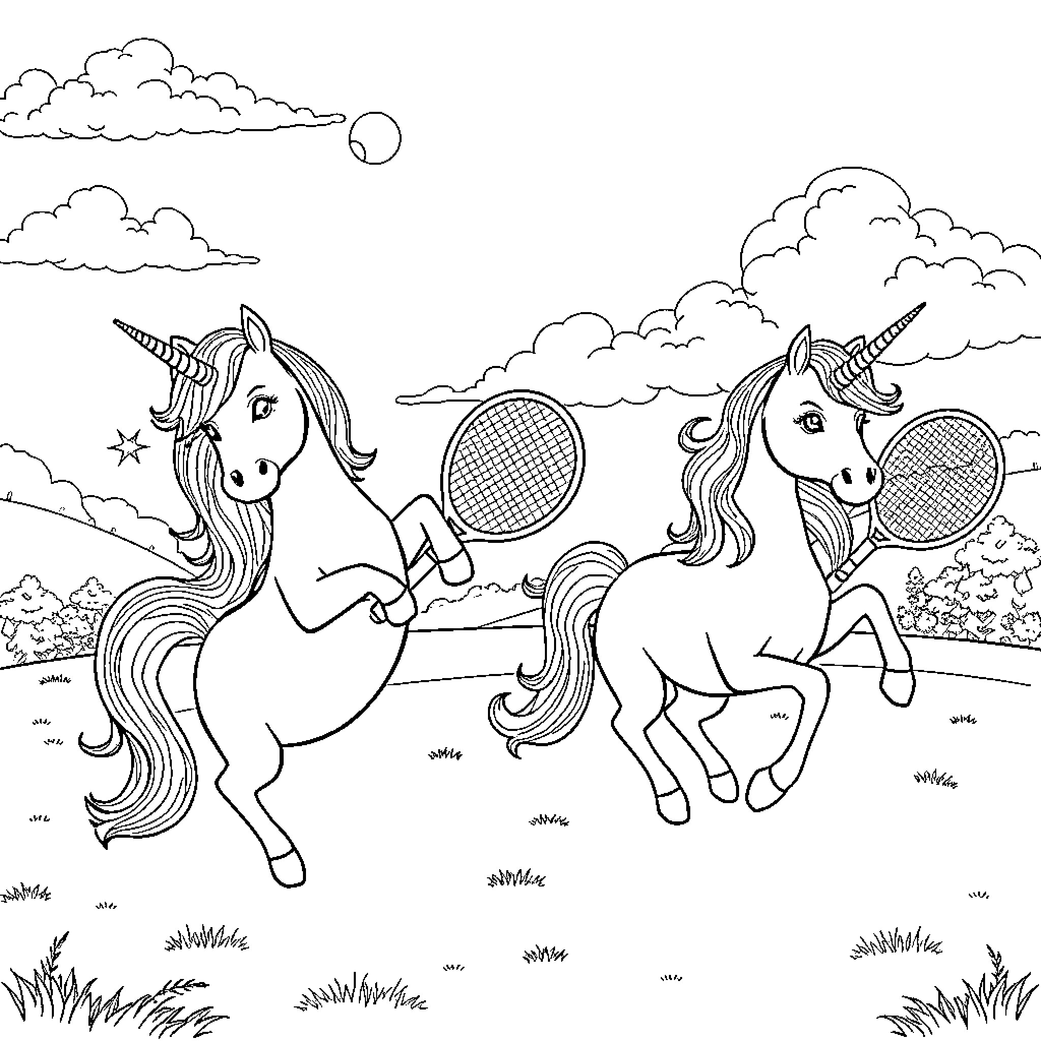 Unicorn tennis match in the meadow Coloring Page (free black-and-white line drawing printable PDF for all, from beginners to advanced learners, including children, teens, adults, and seniors)