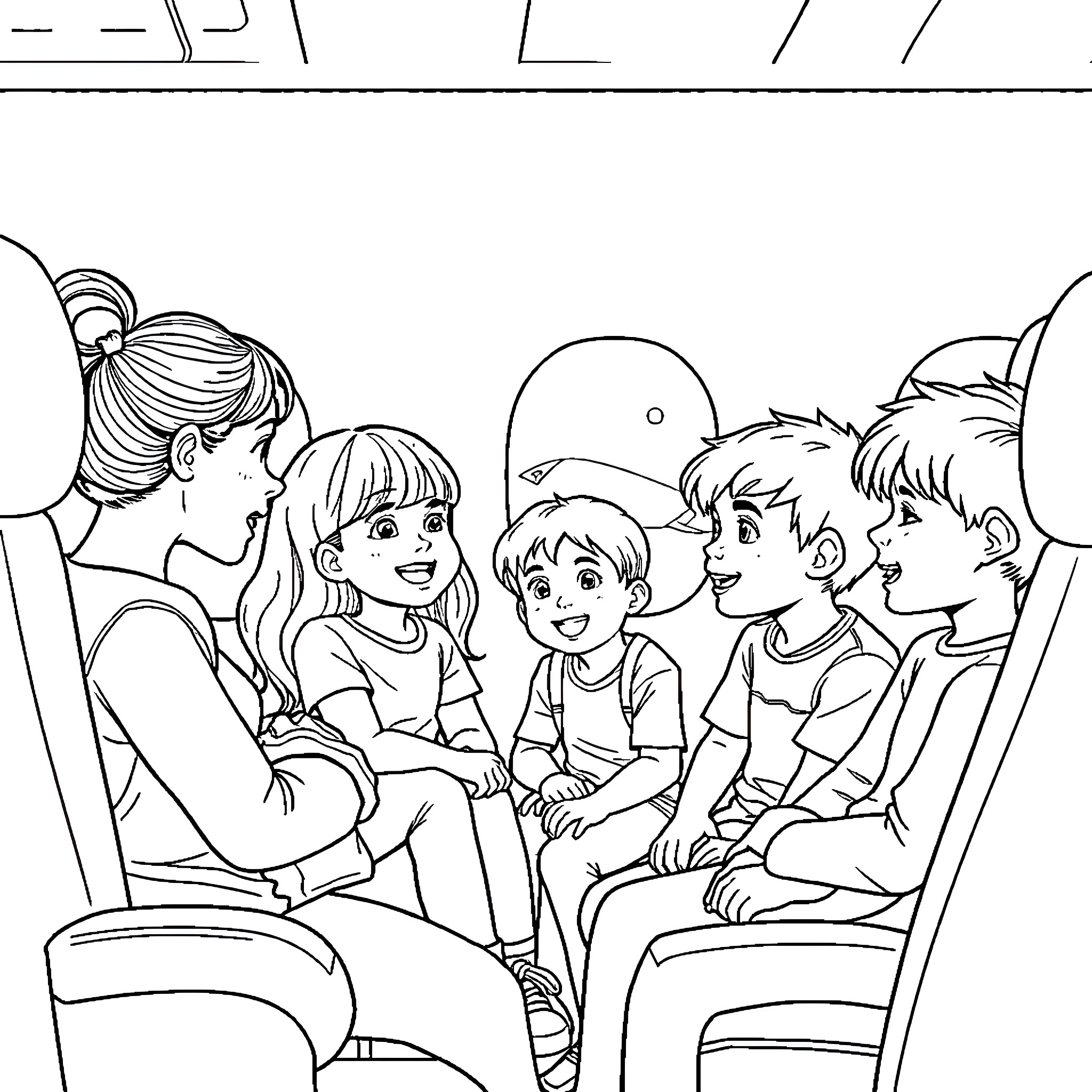 Child traveling on bus with friends Coloring Page (free black-and-white line drawing printable PDF for all, from beginners to advanced learners, including children, teens, adults, and seniors)