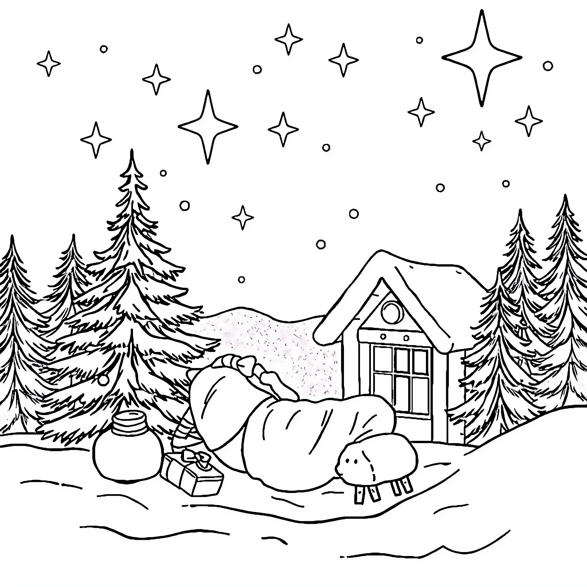 Christmas scene with snowy landscape and cozy cabin Coloring Page (free black-and-white line drawing printable PDF for all, from beginners to advanced learners, including children, teens, adults, and seniors)
