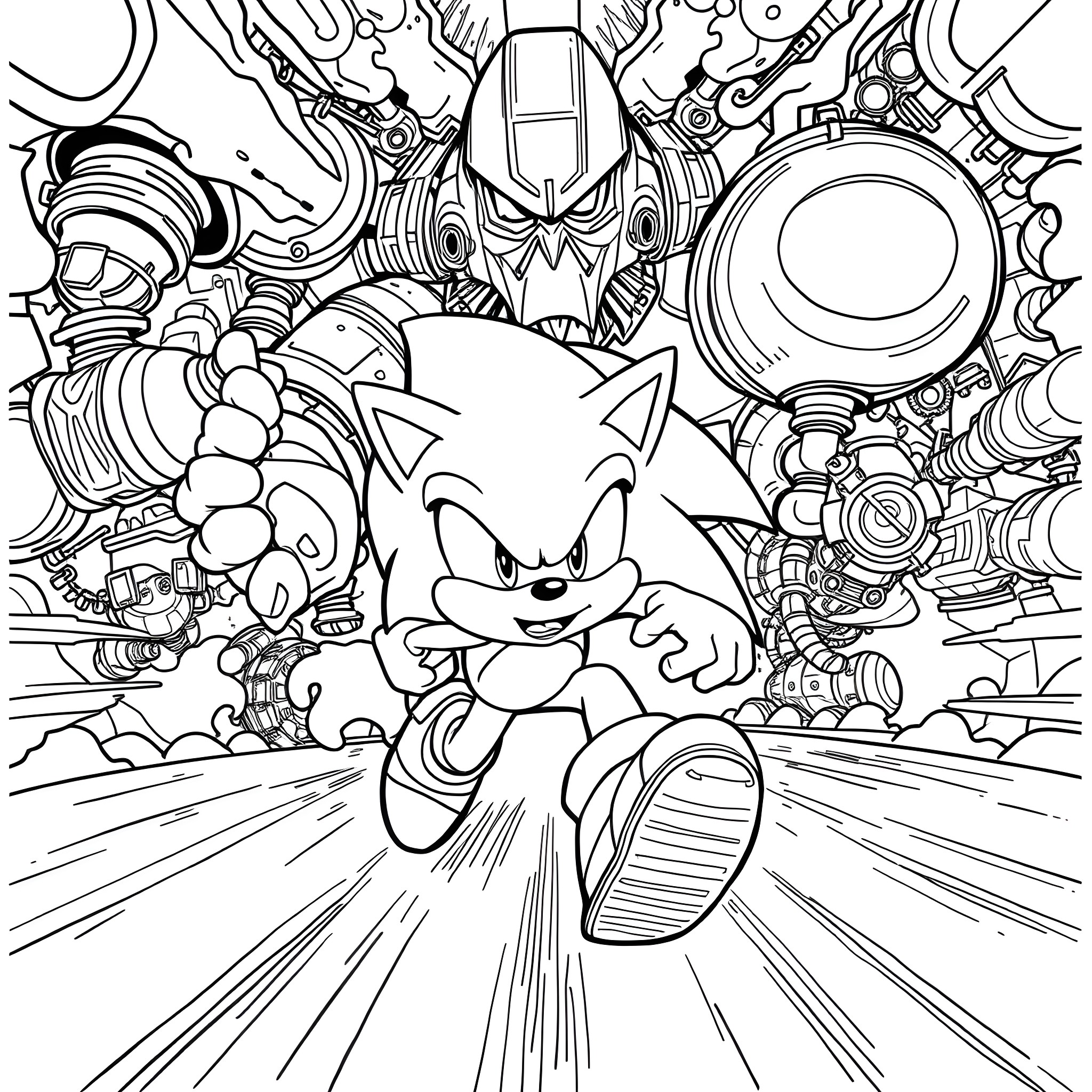 Sonic Speeding Through Futuristic Sci-Fi Landscape Coloring Page (free black-and-white line drawing printable PDF for all, from beginners to advanced learners, including children, teens, adults, and seniors)