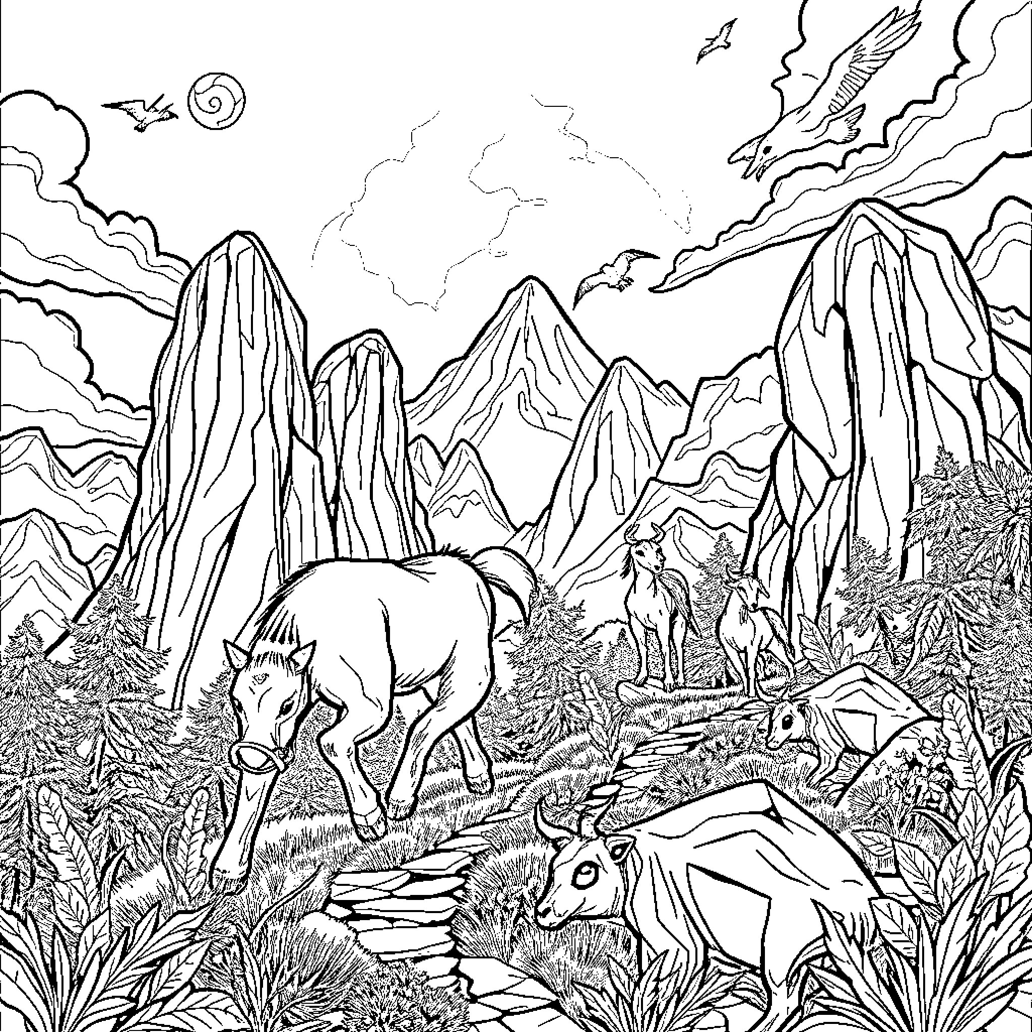 Huntix: Mysterious Creatures Roaming the Rugged Terrain Coloring Page (free black-and-white line drawing printable PDF for all, from beginners to advanced learners, including children, teens, adults, and seniors)