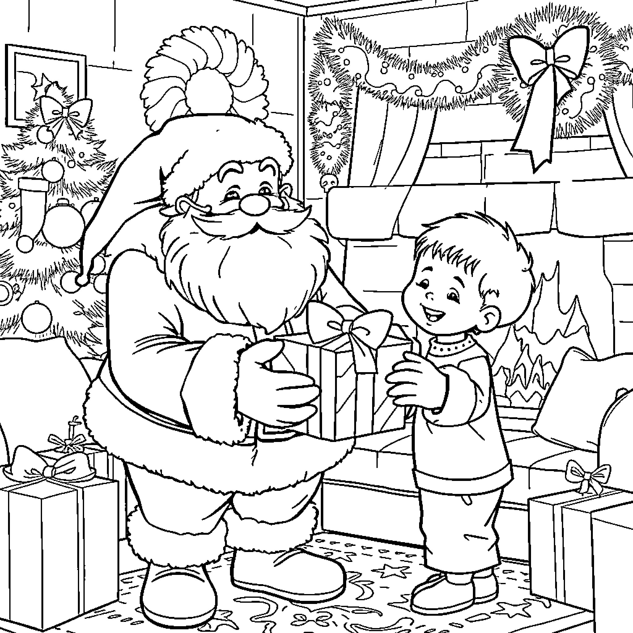 Santa Giving a Present to a Boy Coloring Page (free black-and-white line drawing printable PDF for all, from beginners to advanced learners, including children, teens, adults, and seniors)