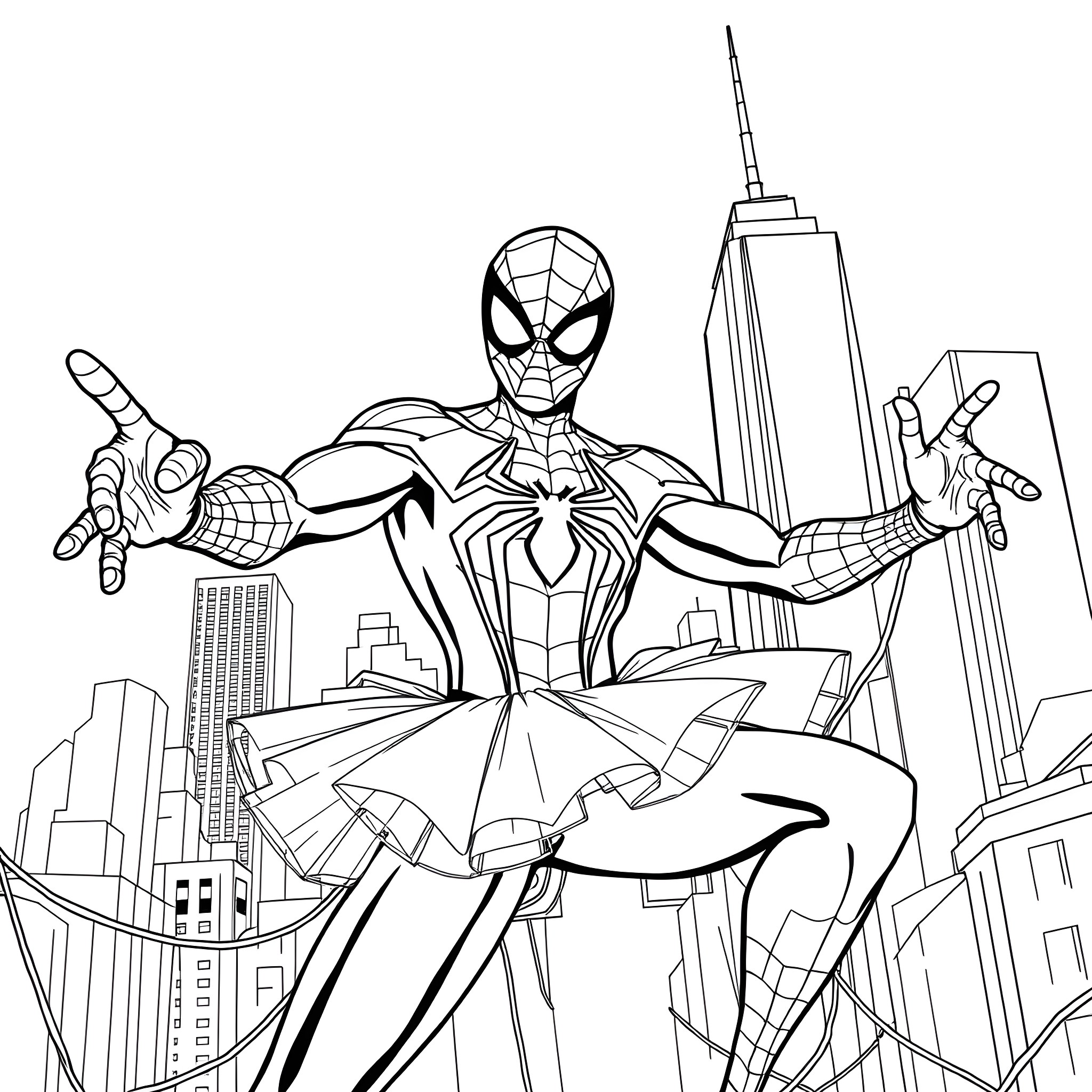 Spiderman swinging through the city skyline Coloring Page (free black-and-white line drawing printable PDF for all, from beginners to advanced learners, including children, teens, adults, and seniors)
