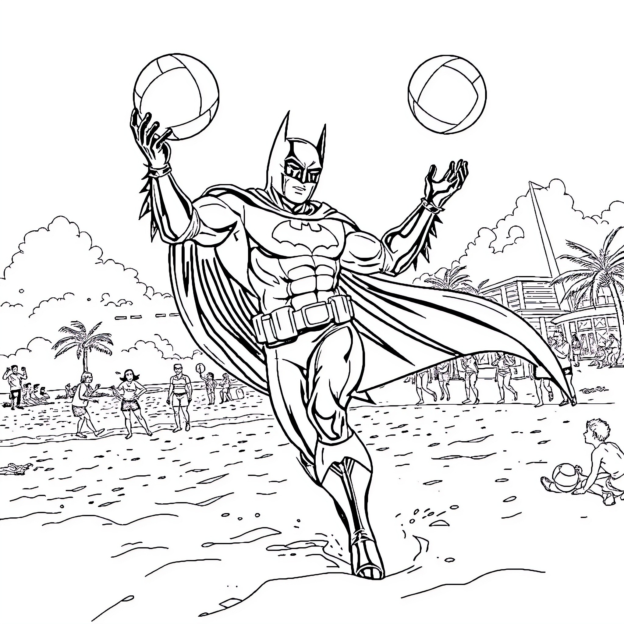 Batman Heroically Saving Beach Goers Coloring Page (free black-and-white line drawing printable PDF for all, from beginners to advanced learners, including children, teens, adults, and seniors)