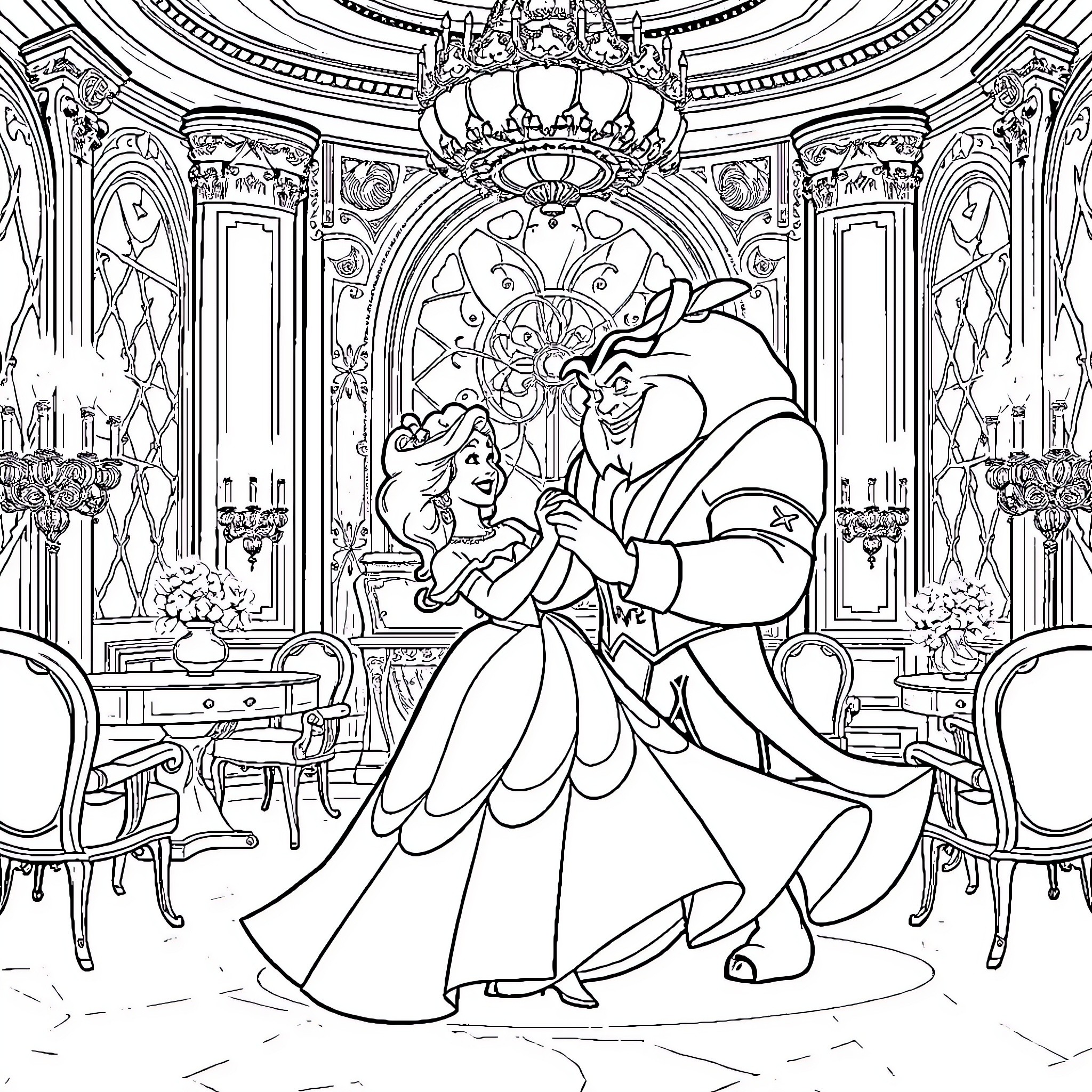 Beauty And The Beast Dancing in a Lavish Ballroom Coloring Page (free black-and-white line drawing printable PDF for all, from beginners to advanced learners, including children, teens, adults, and seniors)