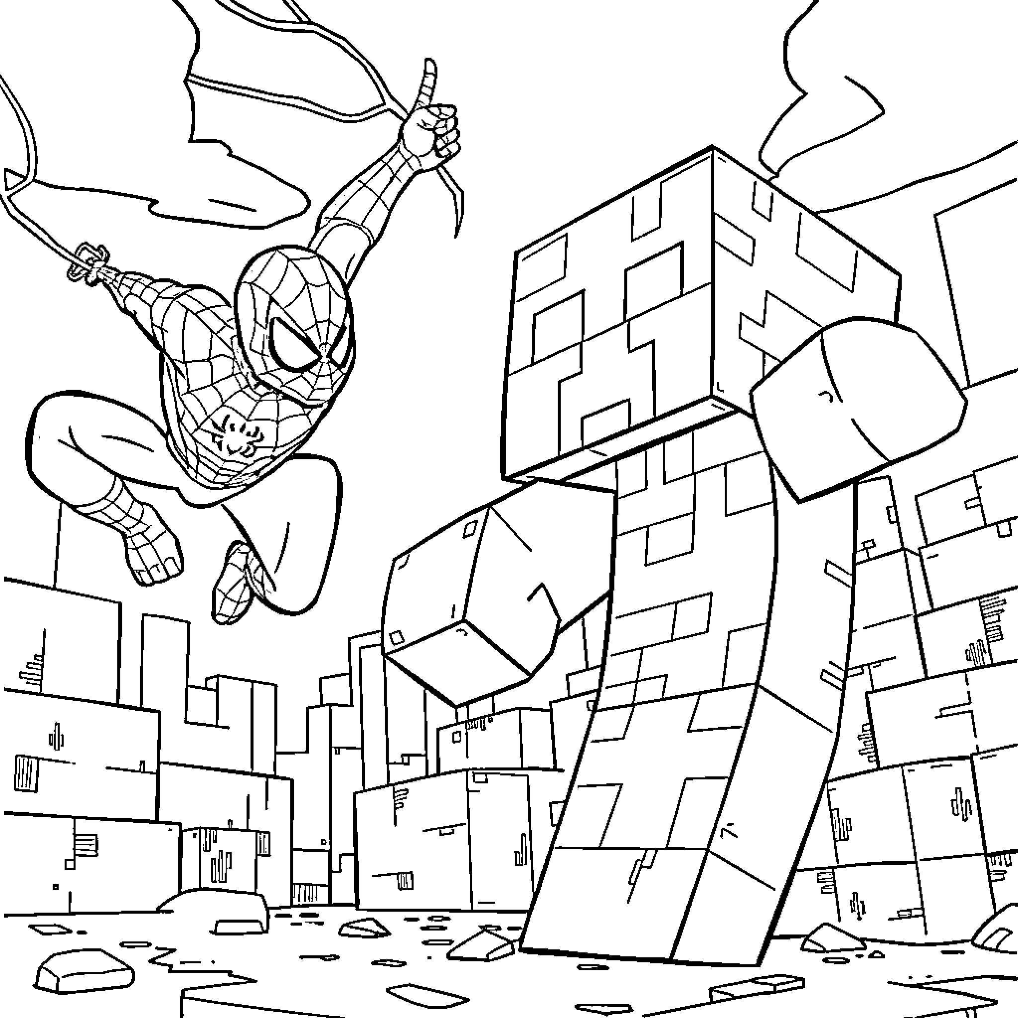 Creeper swinging through the city with Spiderman Coloring Page (free black-and-white line drawing printable PDF for all, from beginners to advanced learners, including children, teens, adults, and seniors)