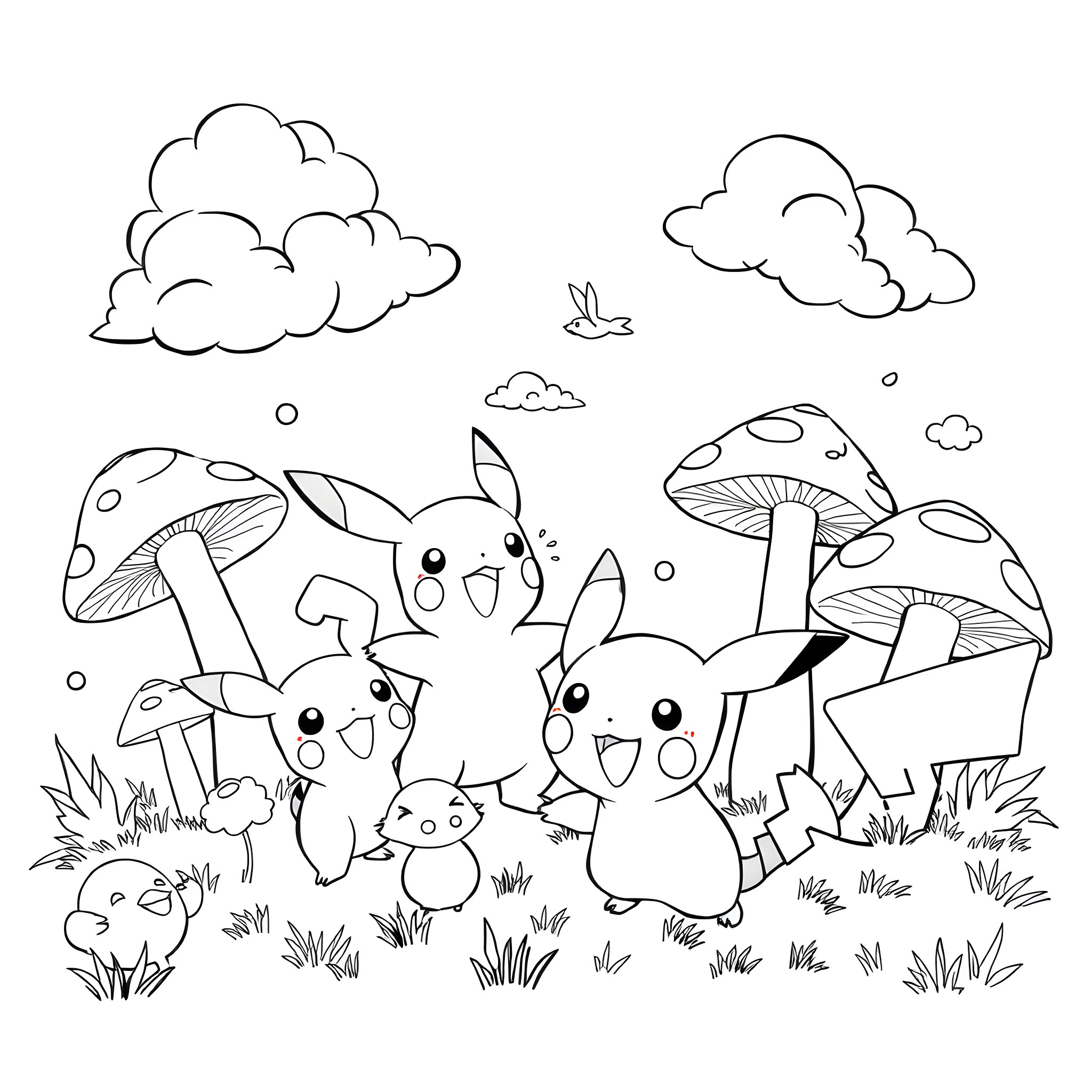 Pokémon characters exploring a mushroom-filled forest Coloring Page (free black-and-white line drawing printable PDF for all, from beginners to advanced learners, including children, teens, adults, and seniors)