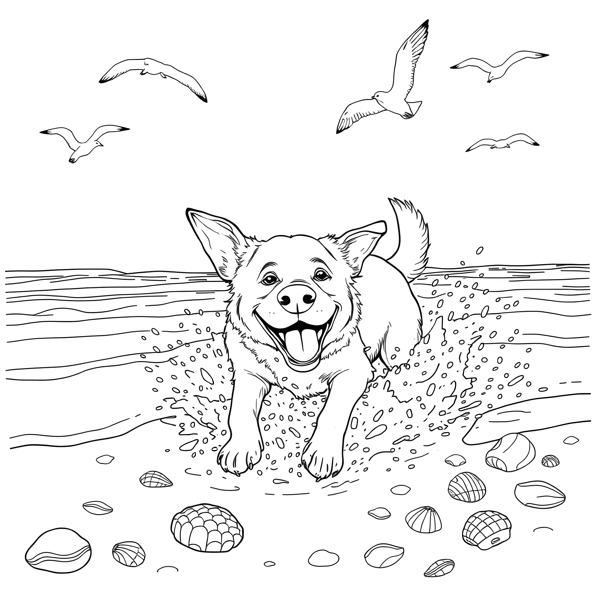 Dog playing happily in the water with seagulls Coloring Page (free black-and-white line drawing printable PDF for all, from beginners to advanced learners, including children, teens, adults, and seniors)
