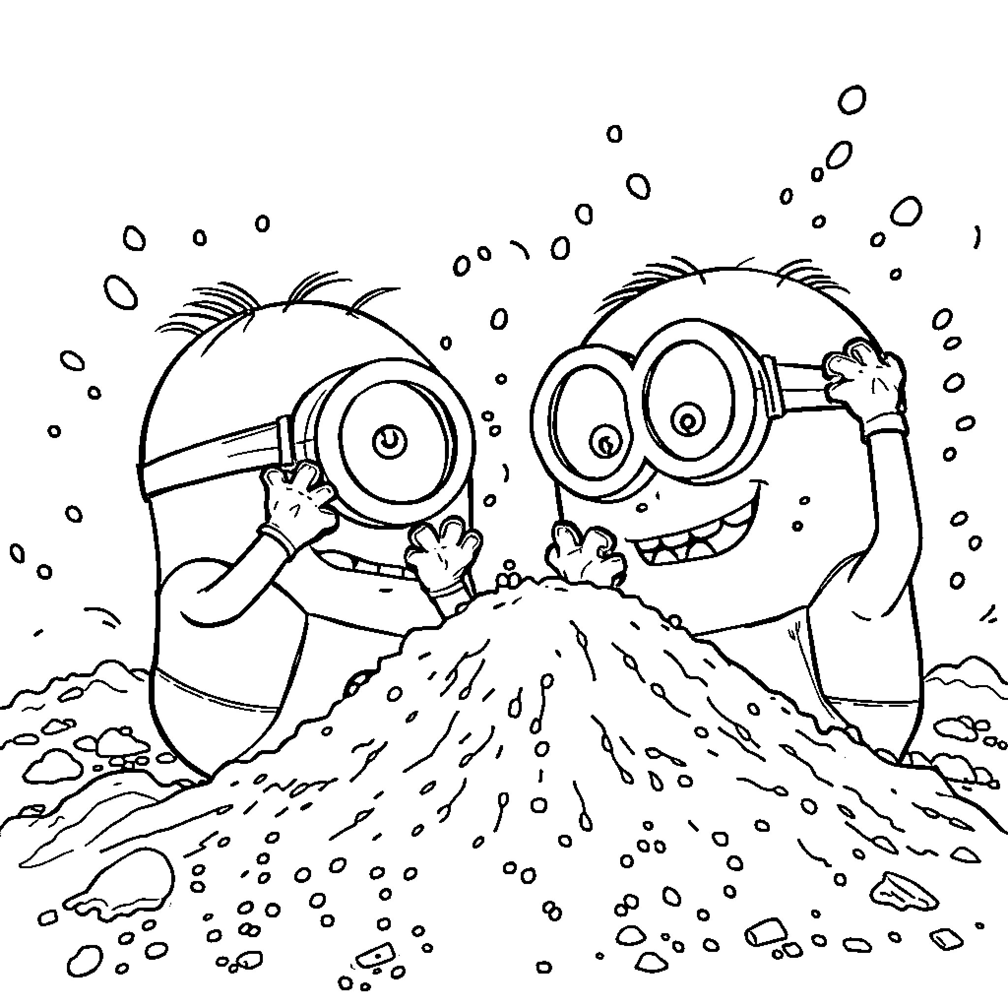 Minions digging mischievously in the snow Coloring Page (free black-and-white line drawing printable PDF for all, from beginners to advanced learners, including children, teens, adults, and seniors)