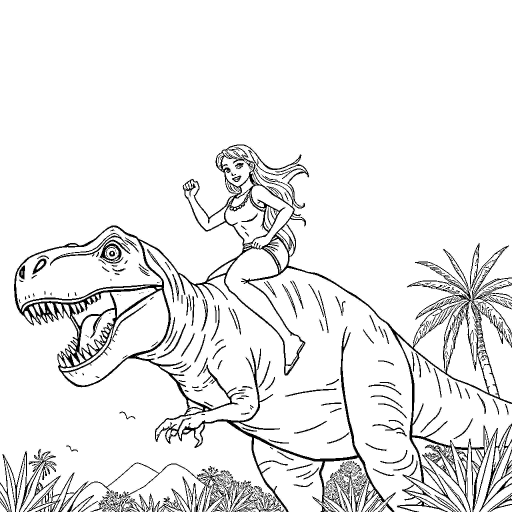 Dinosaur Rider Exploring the Prehistoric Landscape Coloring Page (free black-and-white line drawing printable PDF for all, from beginners to advanced learners, including children, teens, adults, and seniors)