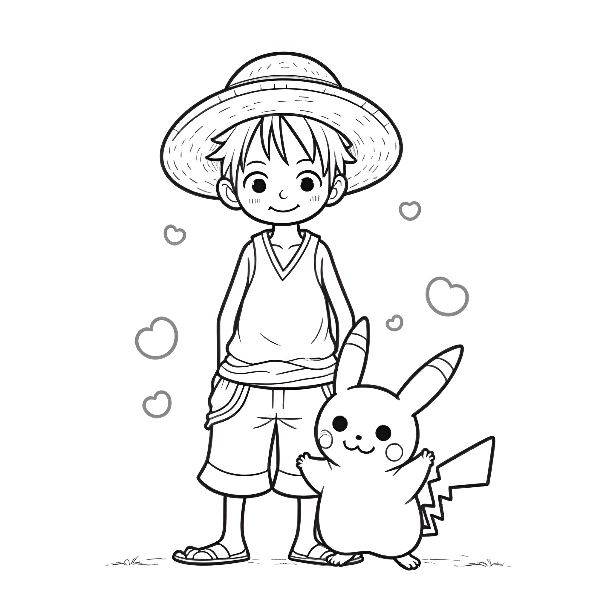 Monkey D Luffy with Pikachu enjoying their adventure Coloring Page (free black-and-white line drawing printable PDF for all, from beginners to advanced learners, including children, teens, adults, and seniors)