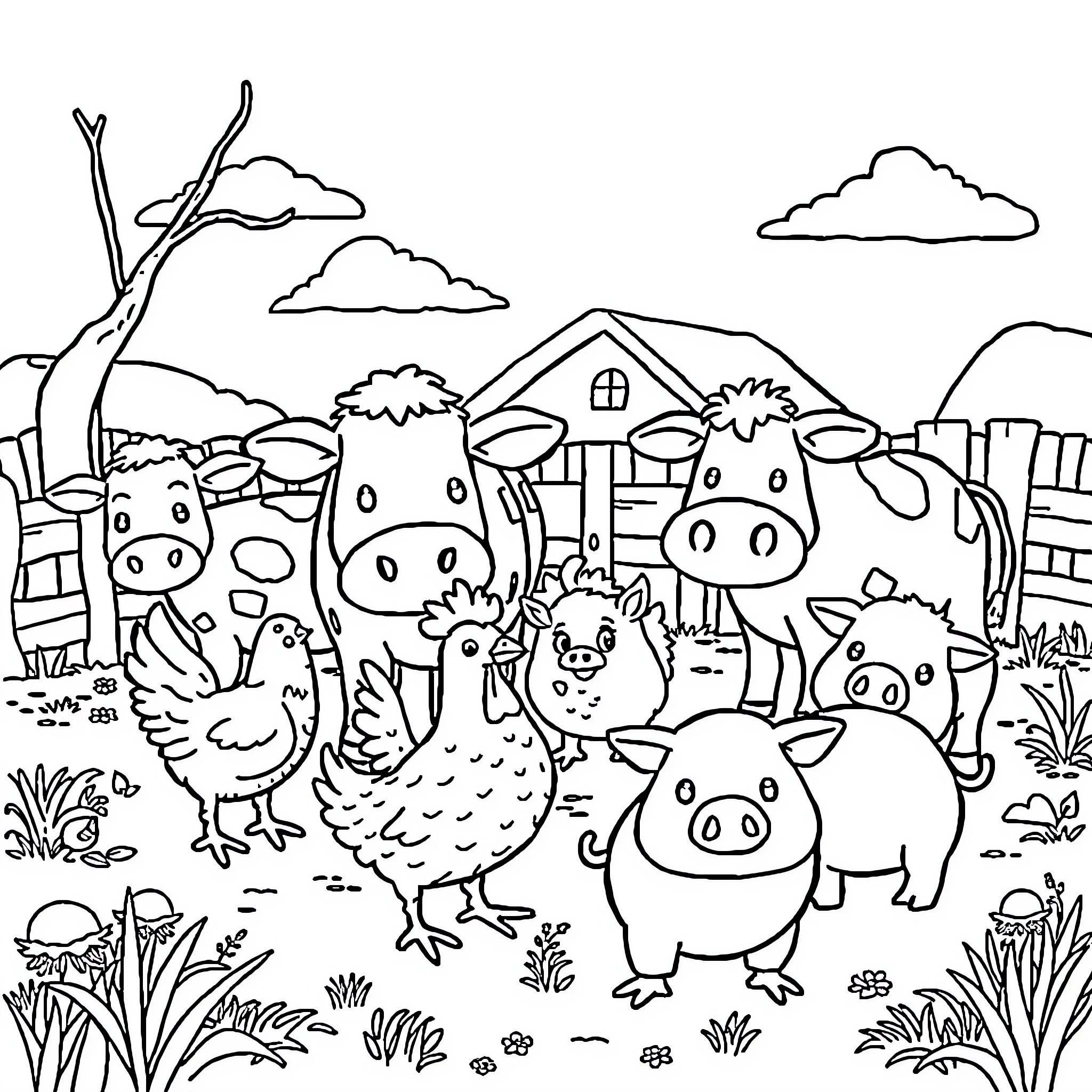 Barnyard Buddy Gathering in the Countryside Coloring Page (free black-and-white line drawing printable PDF for all, from beginners to advanced learners, including children, teens, adults, and seniors)