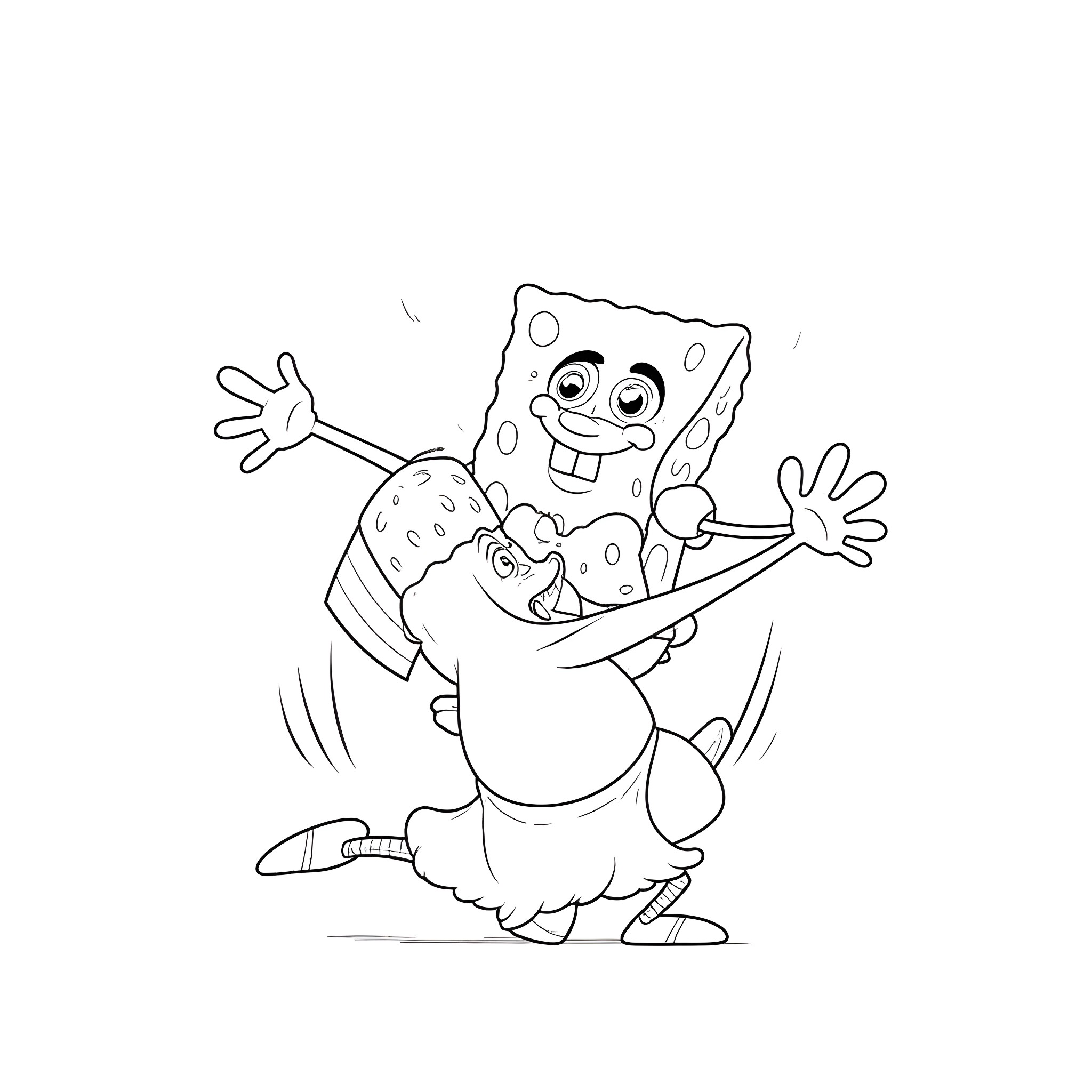 Bluey playing with a silly sponge character Coloring Page (free black-and-white line drawing printable PDF for all, from beginners to advanced learners, including children, teens, adults, and seniors)