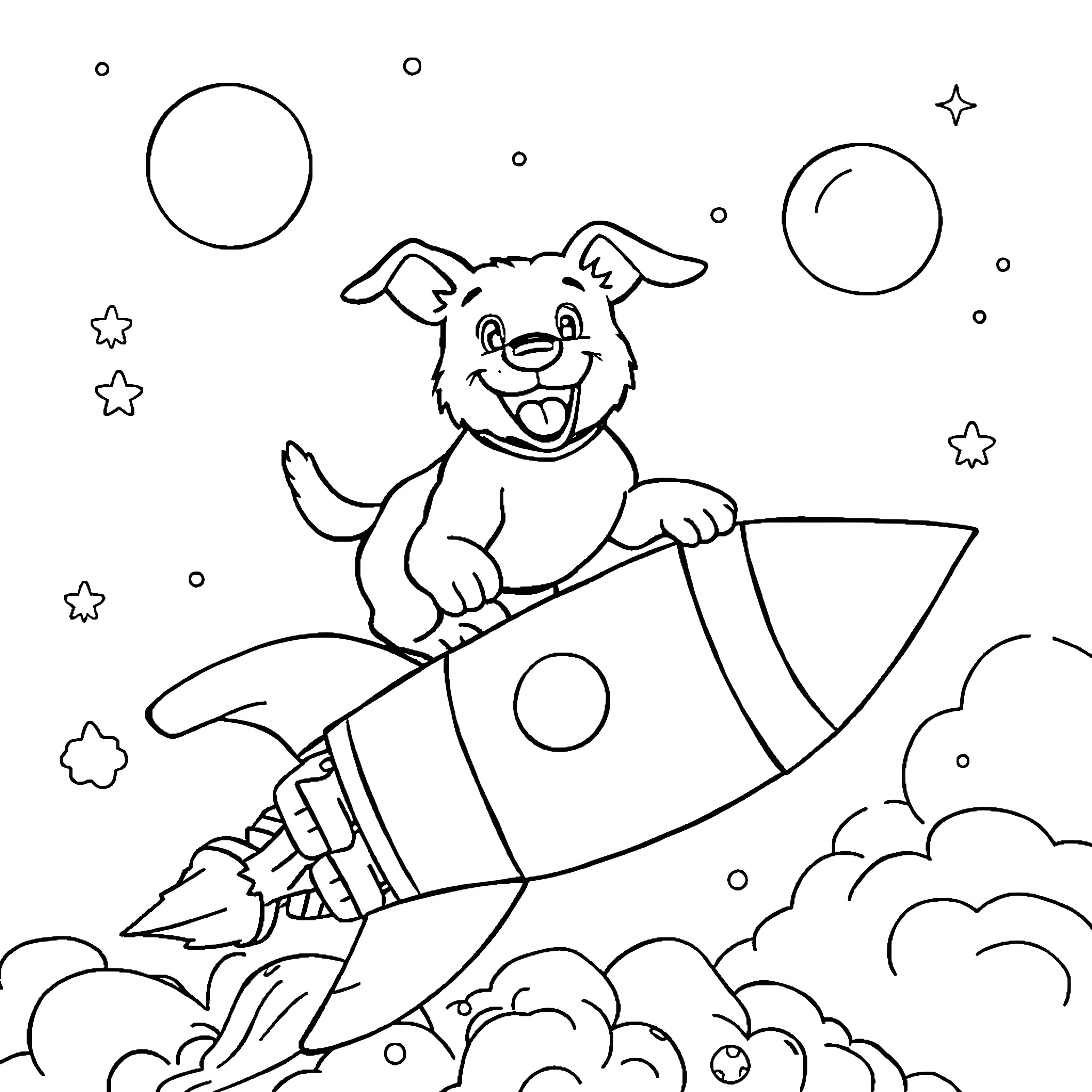 Dog riding a rocket ship through the night sky Coloring Page (free black-and-white line drawing printable PDF for all, from beginners to advanced learners, including children, teens, adults, and seniors)
