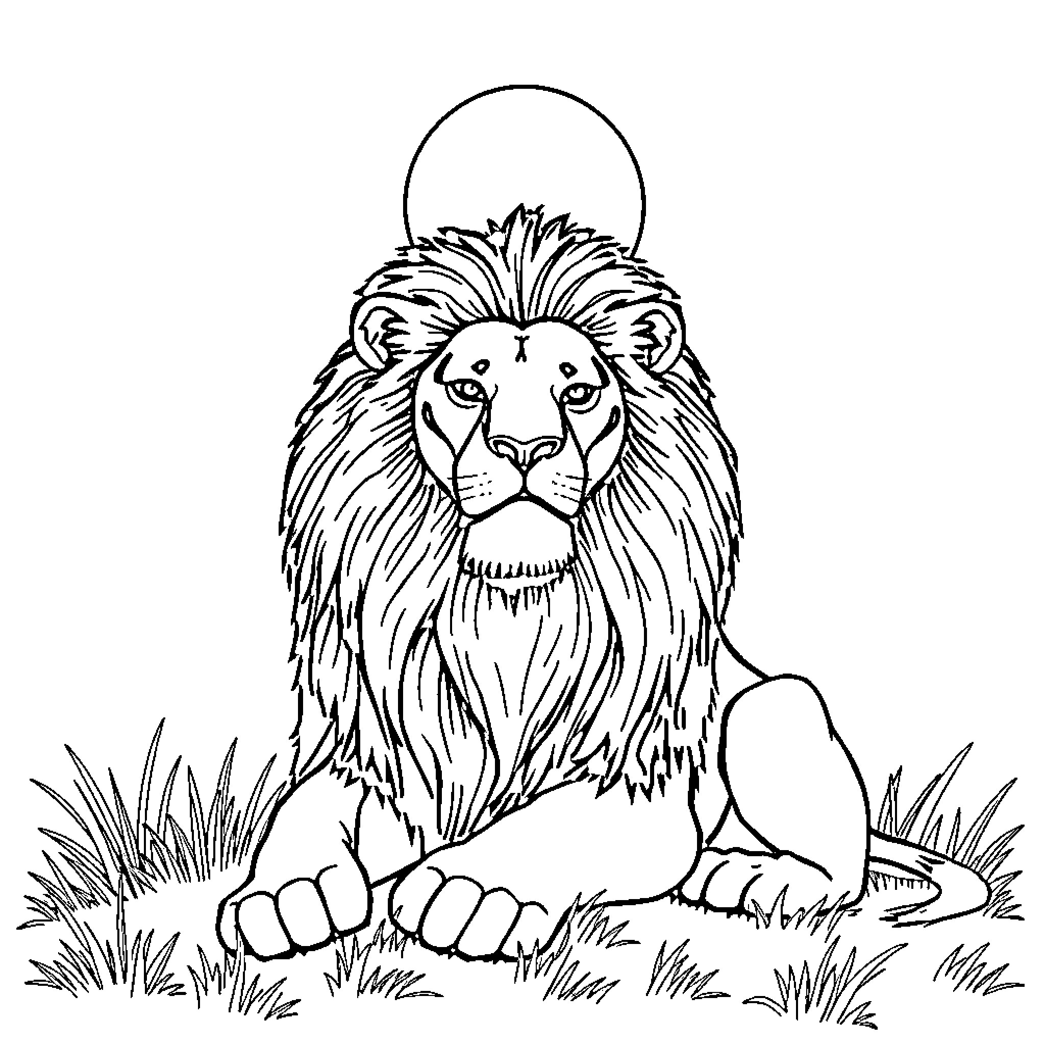 Lion resting in grassy field Coloring Page (free black-and-white line drawing printable PDF for all, from beginners to advanced learners, including children, teens, adults, and seniors)