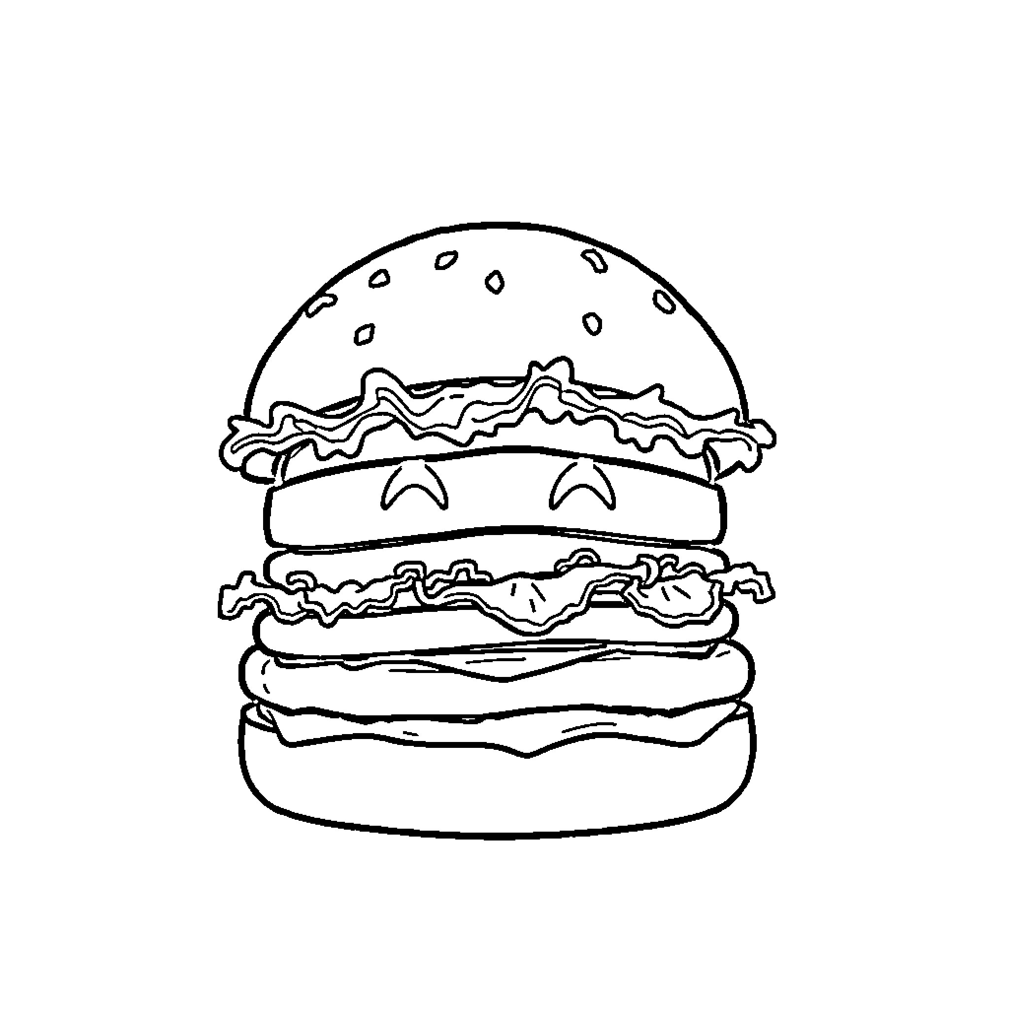Burger with layered ingredients and bun Coloring Page (free black-and-white line drawing printable PDF for all, from beginners to advanced learners, including children, teens, adults, and seniors)