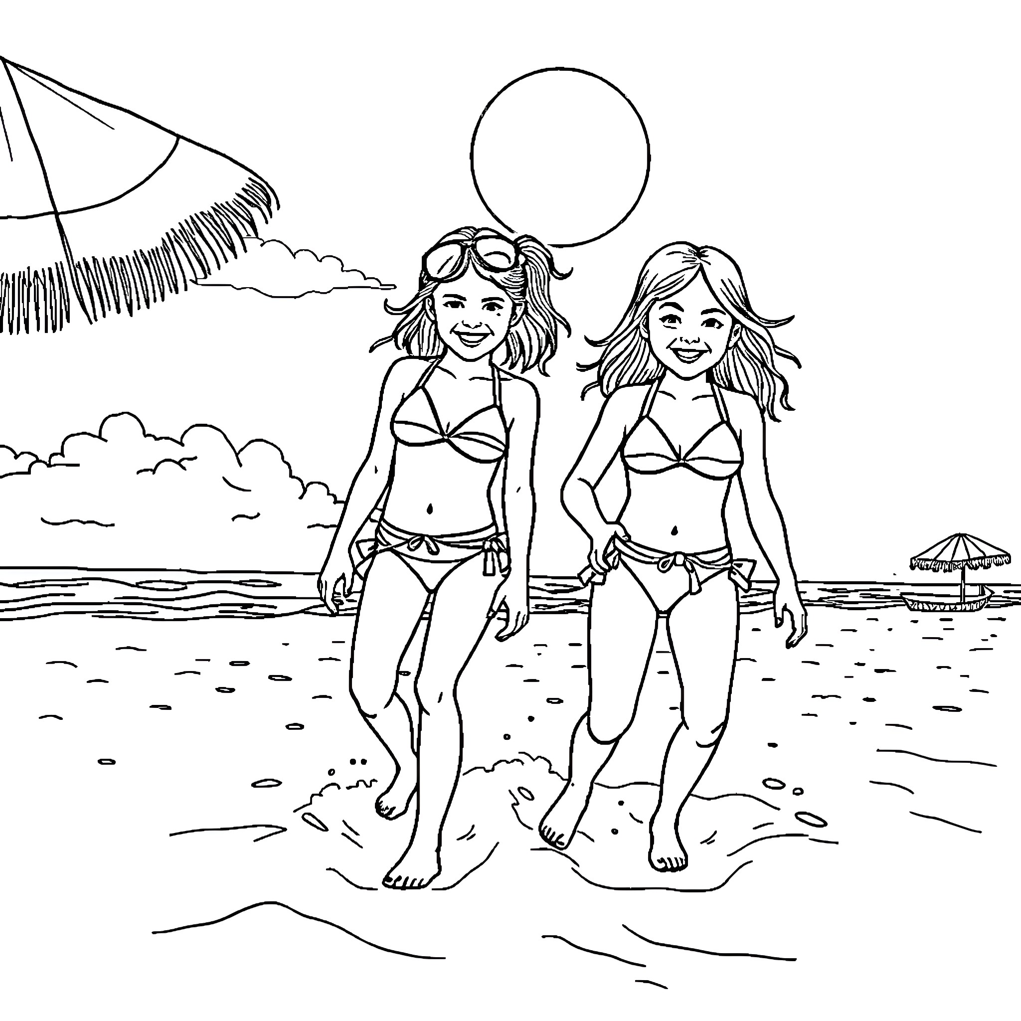 Girls enjoying beach fun in the sun Coloring Page (free black-and-white line drawing printable PDF for all, from beginners to advanced learners, including children, teens, adults, and seniors)