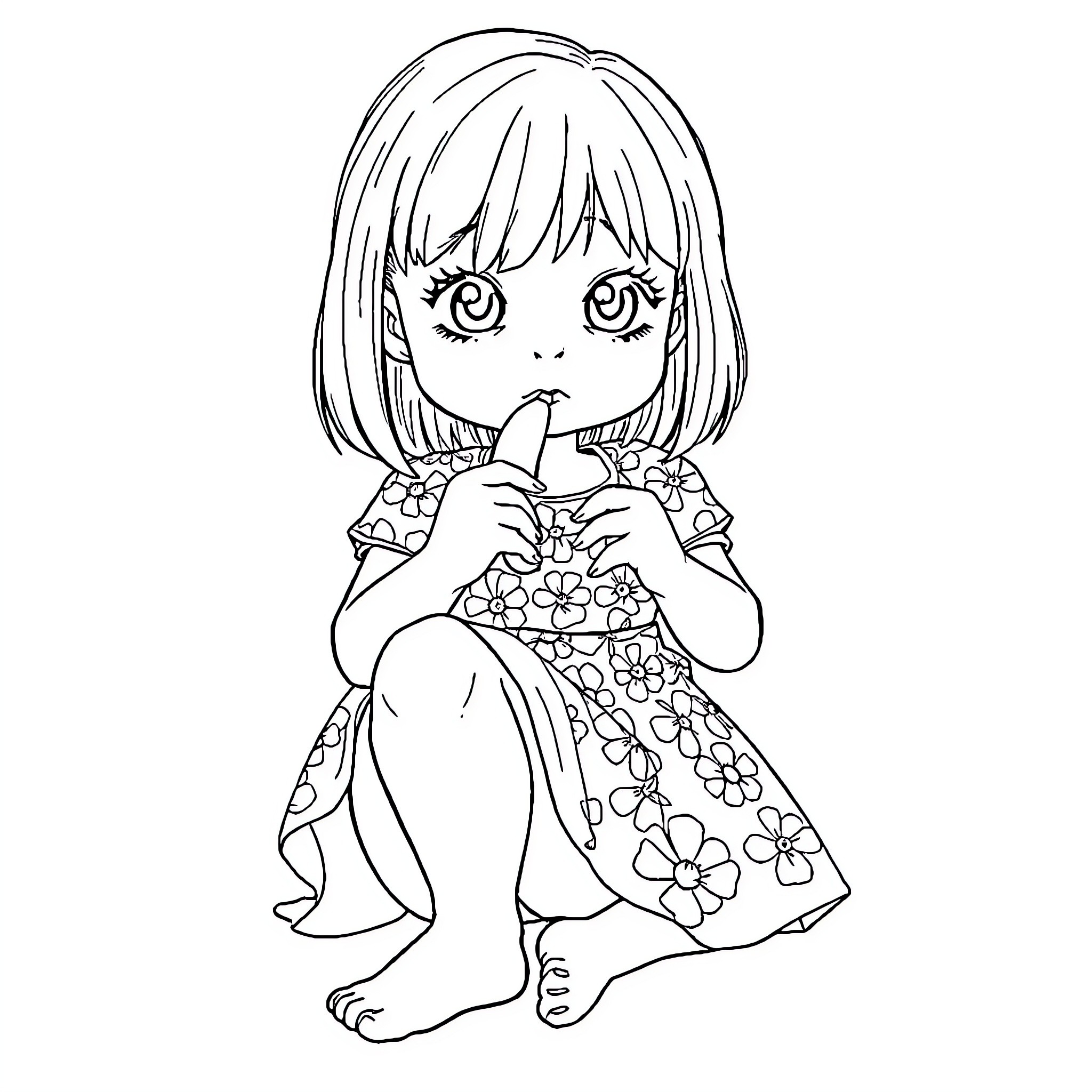 Girl sitting pensively in floral dress Coloring Page (free black-and-white line drawing printable PDF for all, from beginners to advanced learners, including children, teens, adults, and seniors)