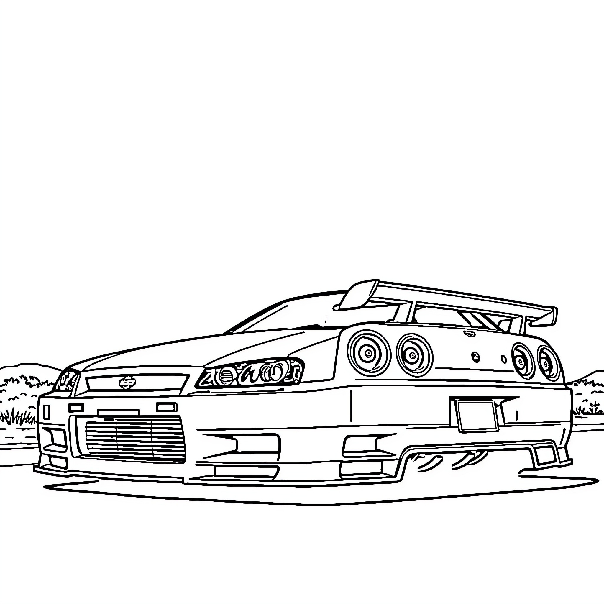 Nissan R34 racing on the track Coloring Page (free black-and-white line drawing printable PDF for all, from beginners to advanced learners, including children, teens, adults, and seniors)