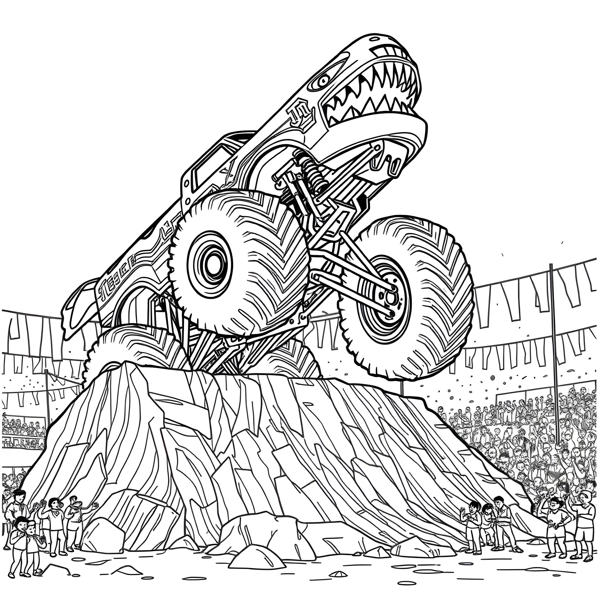 Megalodon Monster Truck Crushing Stadium Audience Coloring Page (free black-and-white line drawing printable PDF for all, from beginners to advanced learners, including children, teens, adults, and seniors)
