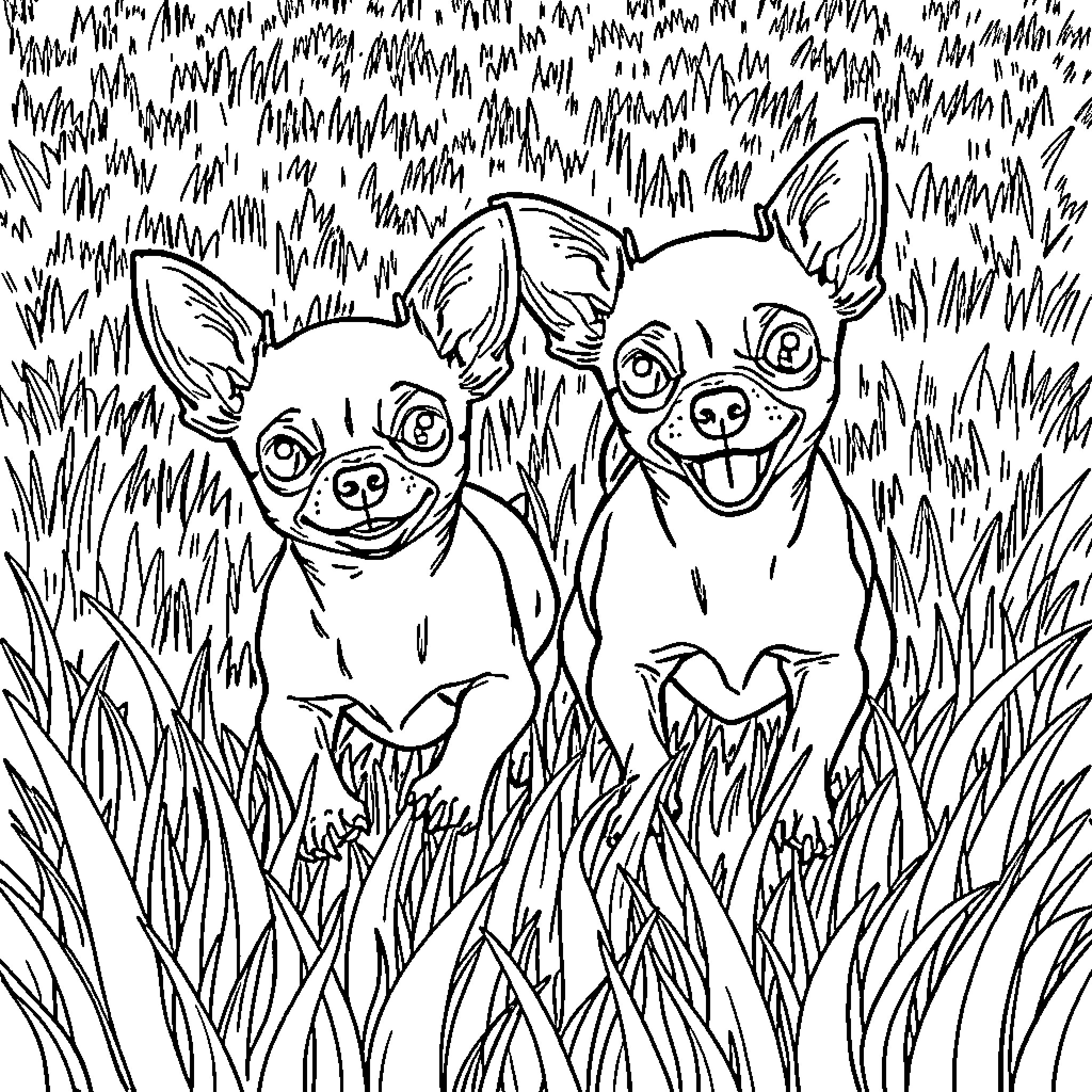 Chihuahuas playing happily in the grass Coloring Page (free black-and-white line drawing printable PDF for all, from beginners to advanced learners, including children, teens, adults, and seniors)
