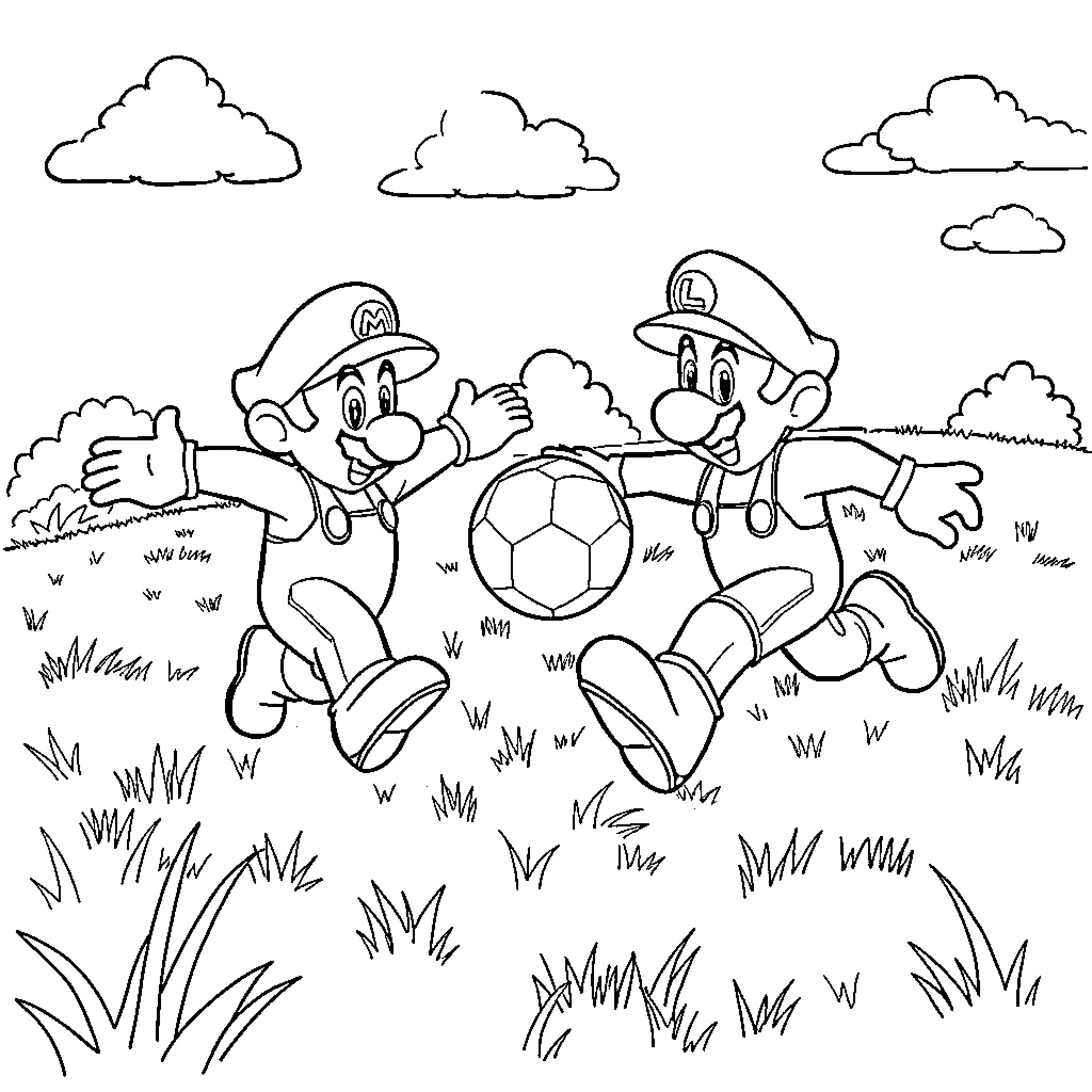 Mario and Luigi playing soccer in the park Coloring Page (free black-and-white line drawing printable PDF for all, from beginners to advanced learners, including children, teens, adults, and seniors)
