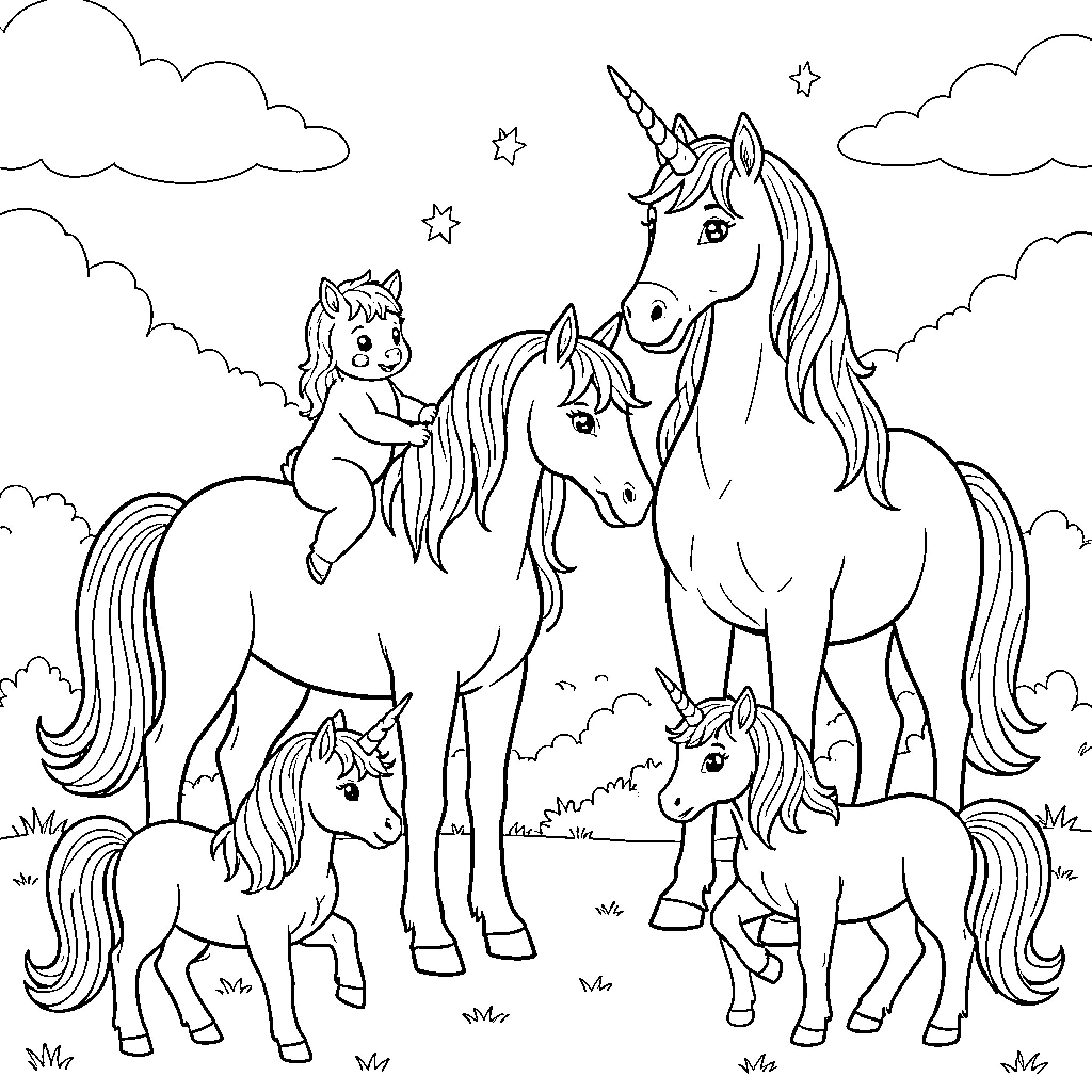 Unicorn family standing together in a meadow Coloring Page (free black-and-white line drawing printable PDF for all, from beginners to advanced learners, including children, teens, adults, and seniors)