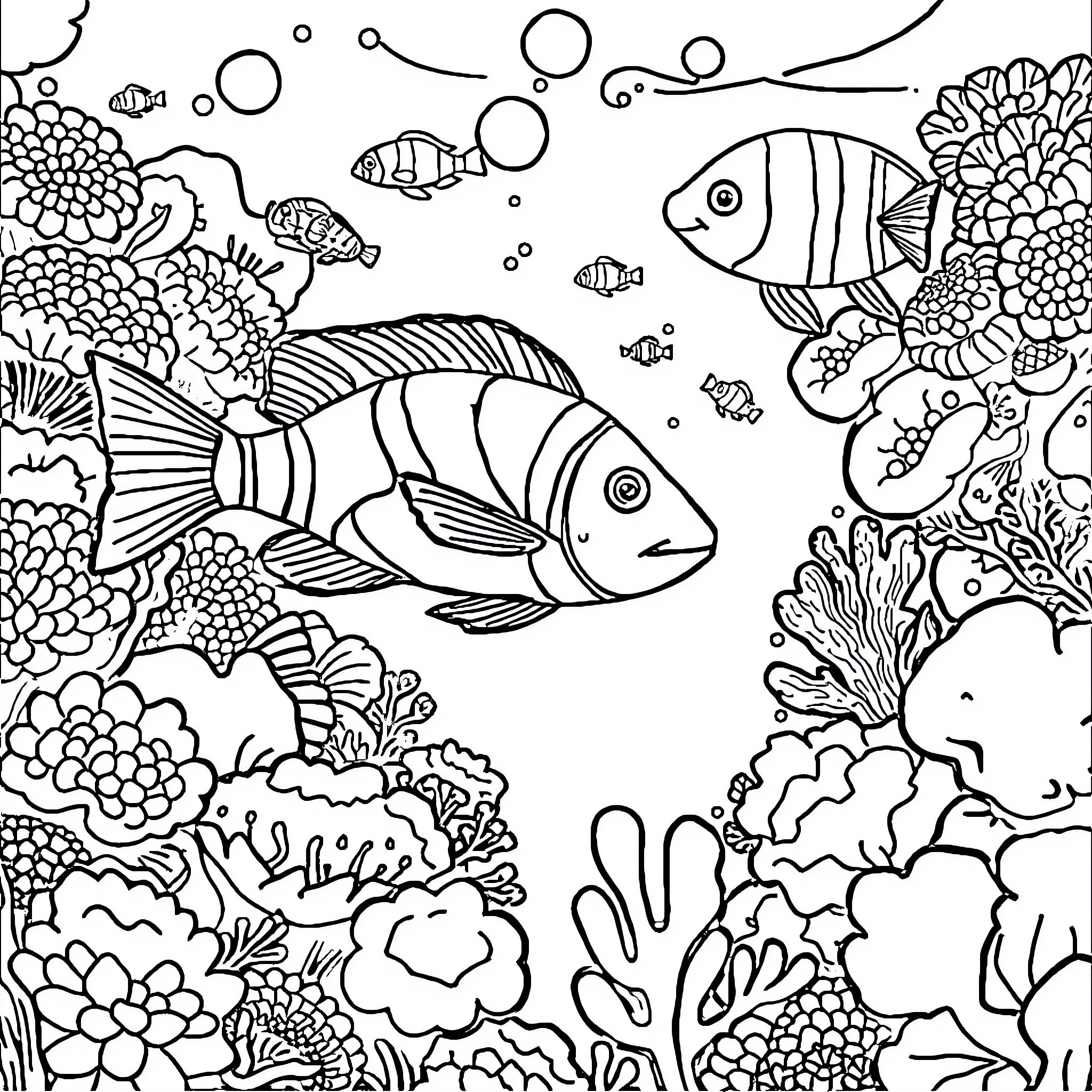 Marine Life Underwater Exploration Coloring Page (free black-and-white line drawing printable PDF for all, from beginners to advanced learners, including children, teens, adults, and seniors)