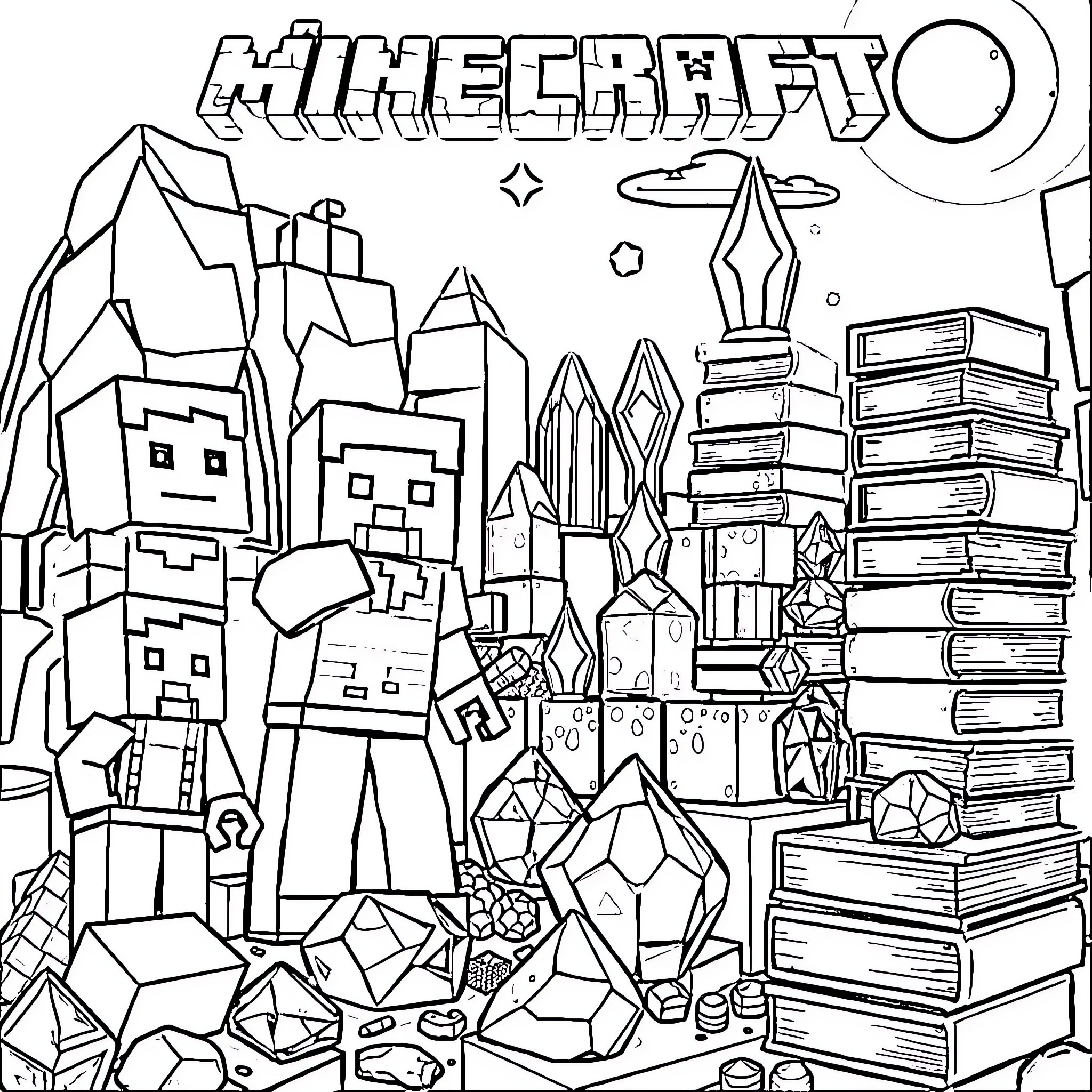 Minecraft characters exploring a fantastical landscape Coloring Page (free black-and-white line drawing printable PDF for all, from beginners to advanced learners, including children, teens, adults, and seniors)