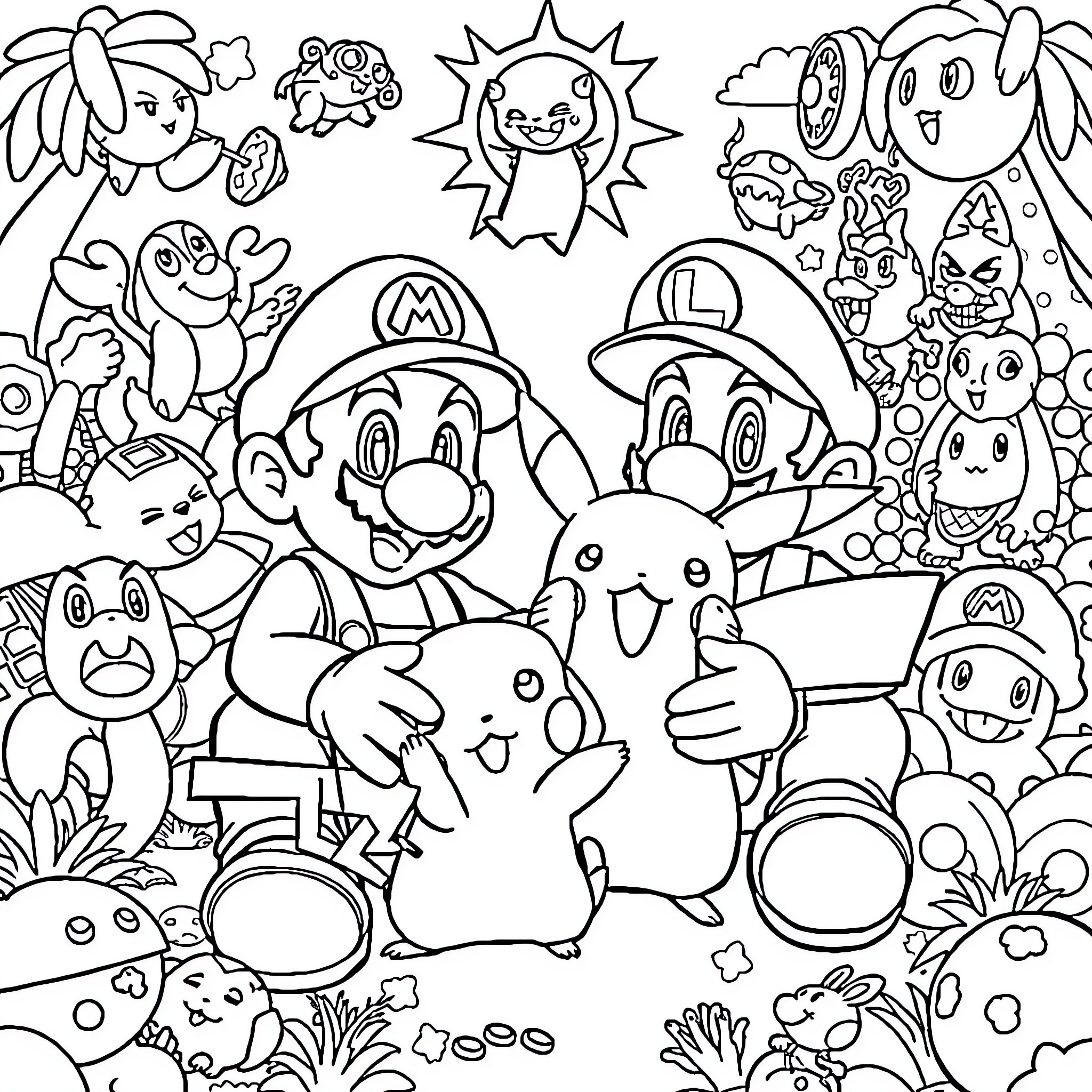 Mario and Friends Exploring a Whimsical World Coloring Page (free black-and-white line drawing printable PDF for all, from beginners to advanced learners, including children, teens, adults, and seniors)