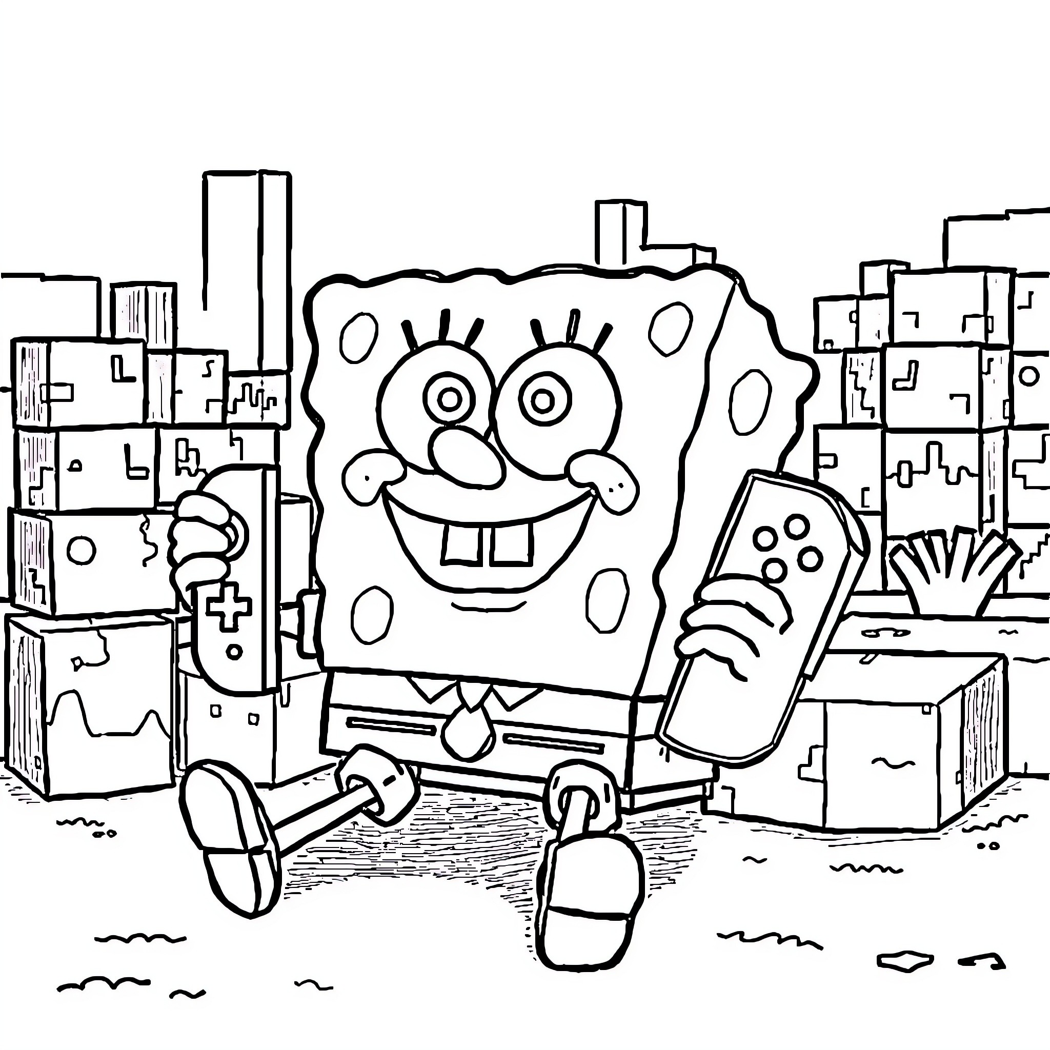 Spongebob hanging out in Bikini Bottom city Coloring Page (free black-and-white line drawing printable PDF for all, from beginners to advanced learners, including children, teens, adults, and seniors)