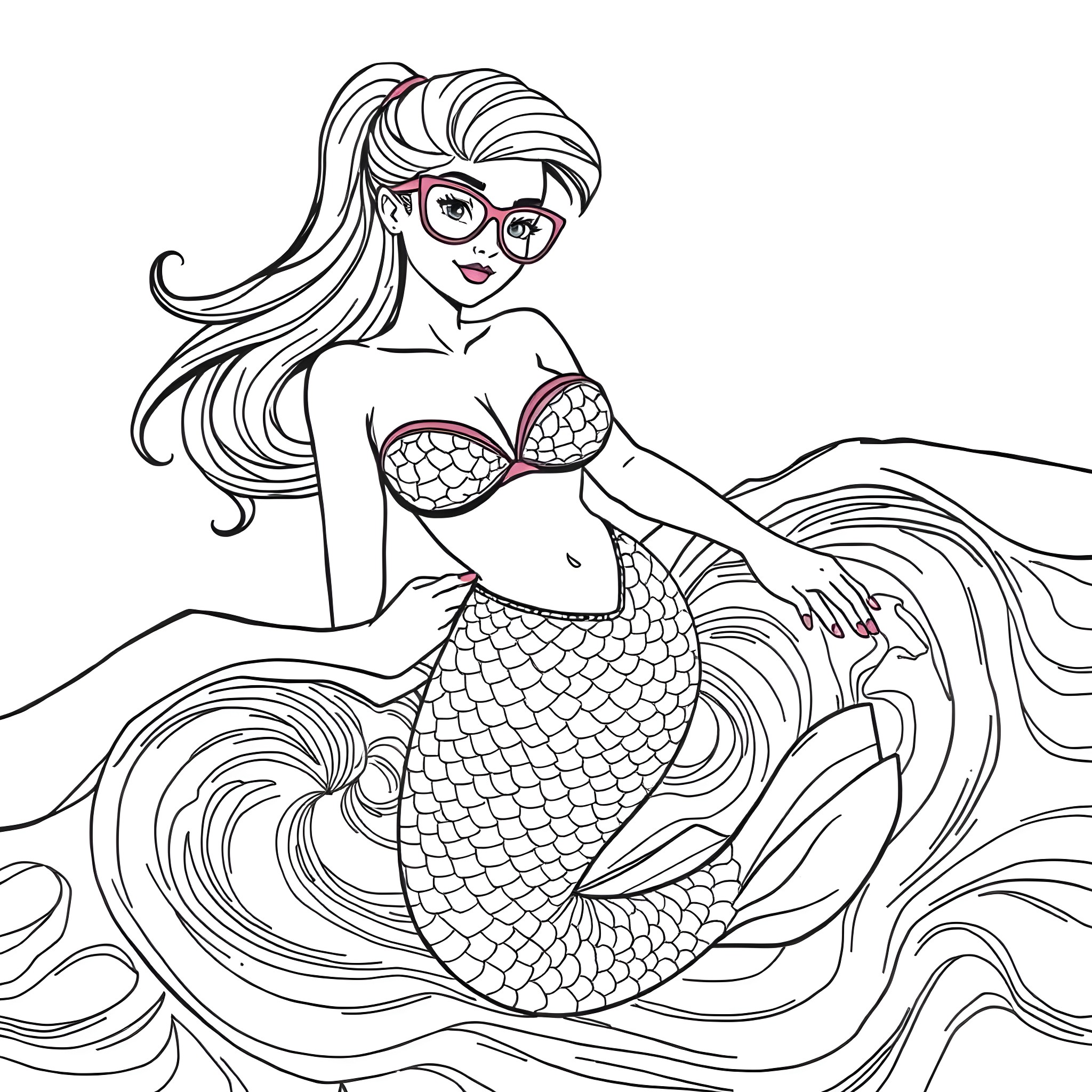 Mermaid with flowing hair and elegant outfit swimming in the waves Coloring Page (free black-and-white line drawing printable PDF for all, from beginners to advanced learners, including children, teens, adults, and seniors)