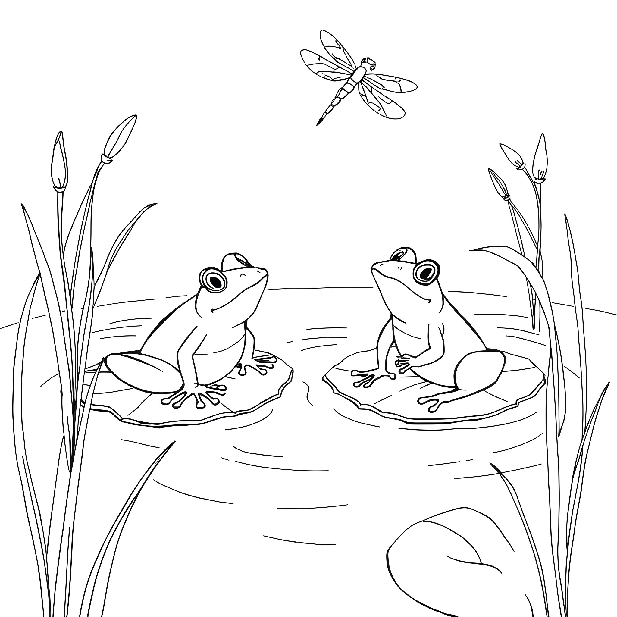 Frogs relaxing on lily pads with dragonfly Coloring Page (free black-and-white line drawing printable PDF for all, from beginners to advanced learners, including children, teens, adults, and seniors)