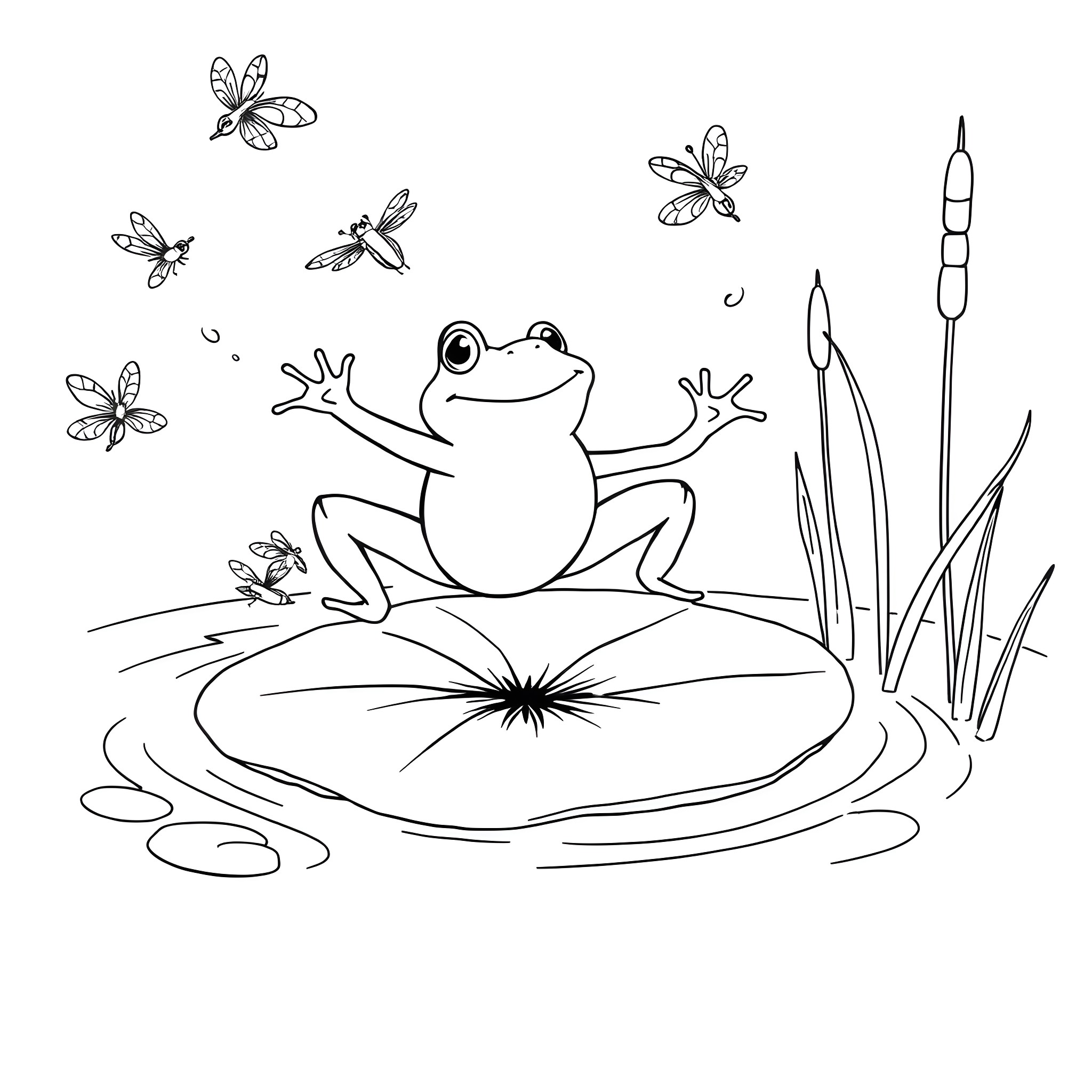 Frog delightfully jumping on lily pad with butterflies Coloring Page (free black-and-white line drawing printable PDF for all, from beginners to advanced learners, including children, teens, adults, and seniors)