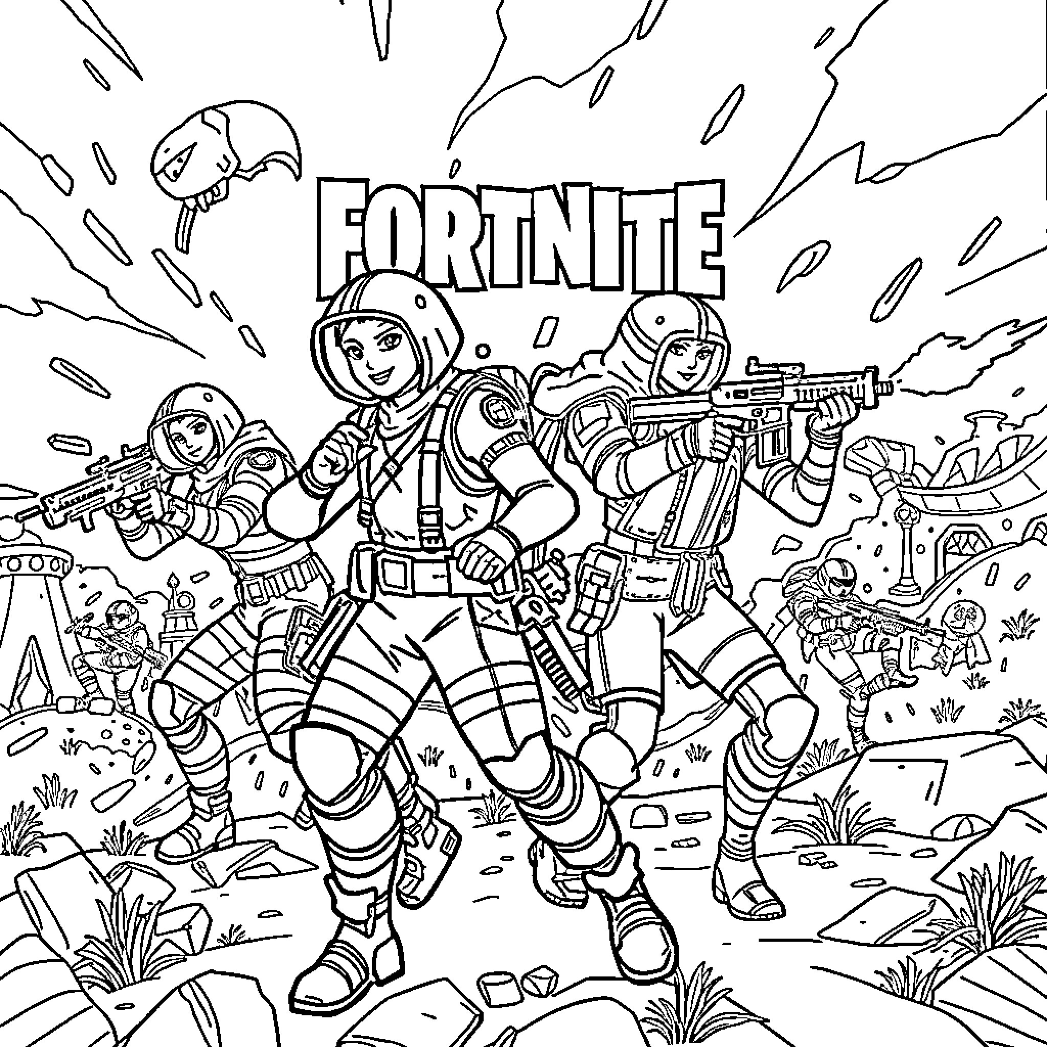 Fortnite Character Battle Royale Scene Coloring Page (free black-and-white line drawing printable PDF for all, from beginners to advanced learners, including children, teens, adults, and seniors)