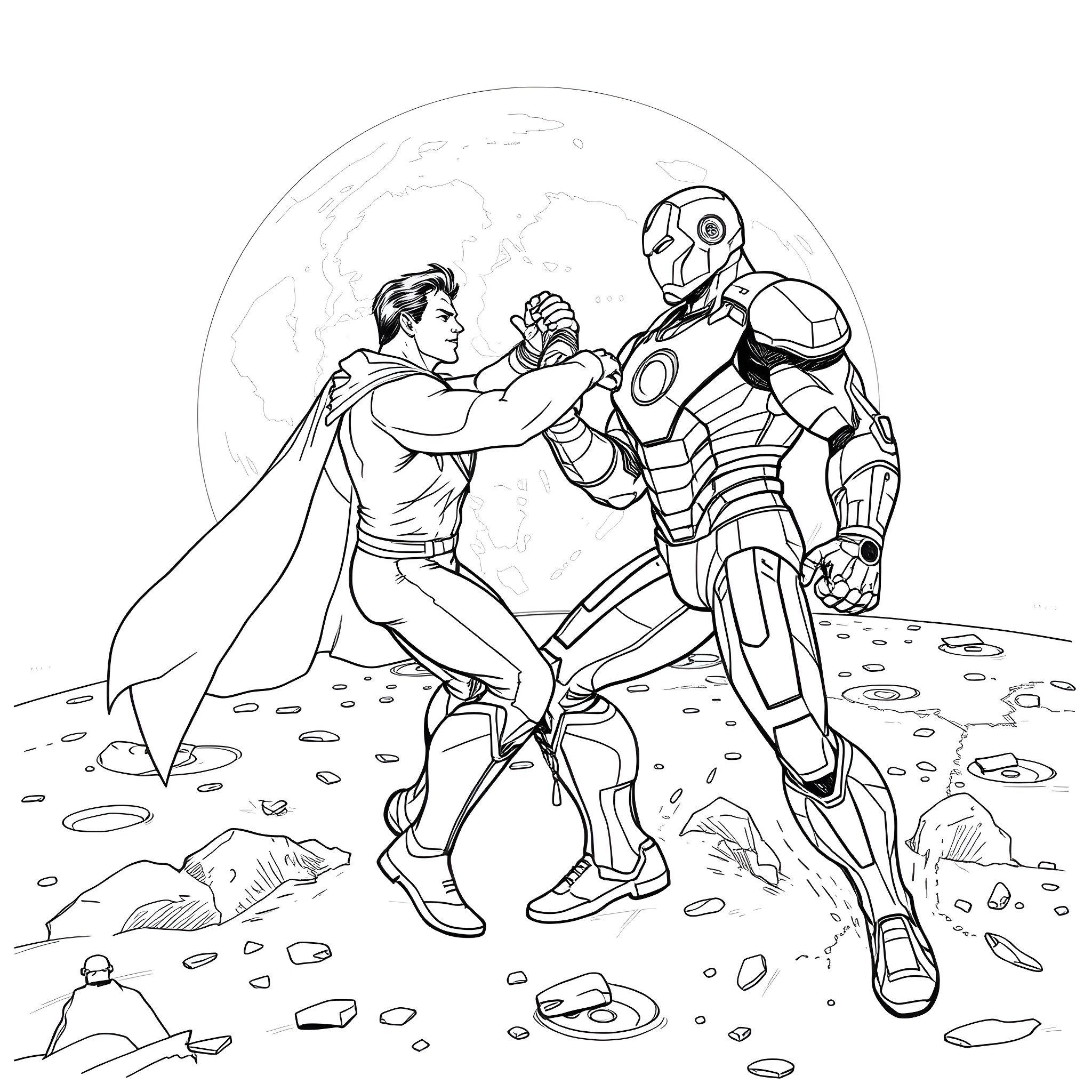 Superman battling a futuristic robotic opponent Coloring Page (free black-and-white line drawing printable PDF for all, from beginners to advanced learners, including children, teens, adults, and seniors)