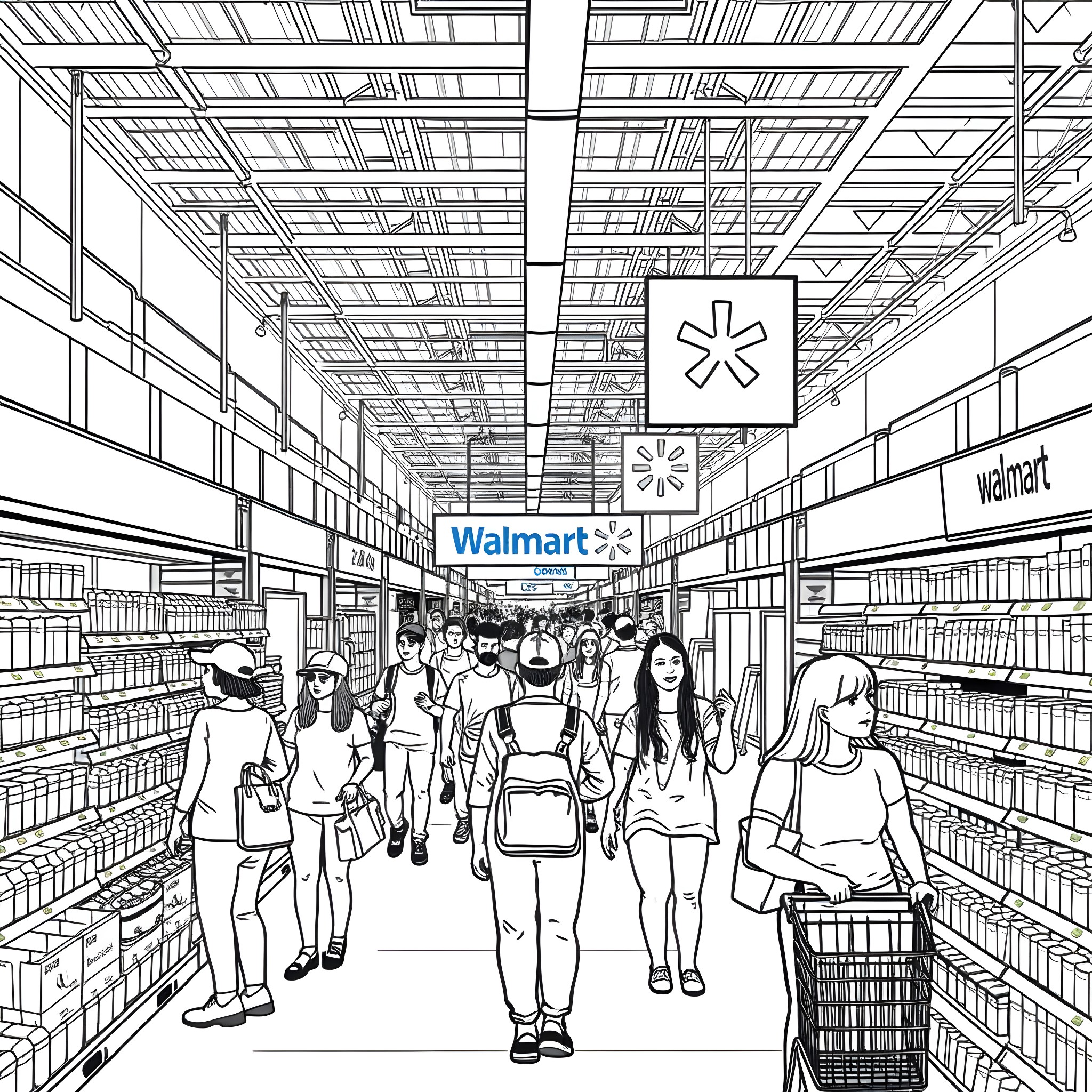 Walmart shoppers in the store aisle Coloring Page (free black-and-white line drawing printable PDF for all, from beginners to advanced learners, including children, teens, adults, and seniors)